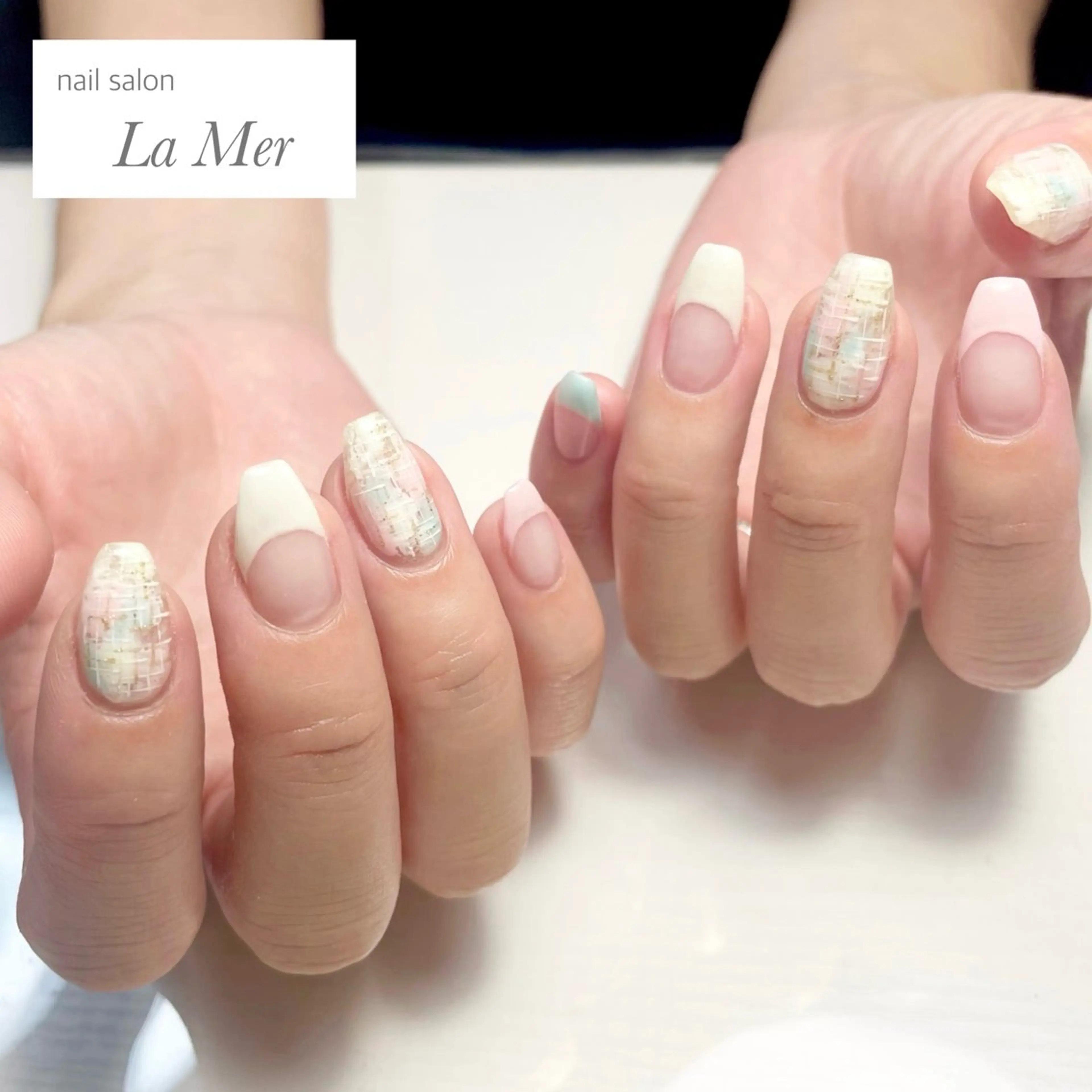 ネイル フレンチネイル パステルネイル スクエアネイル 夏ネイル ツイードネイル ハンドネイル nailsalon La Merのネイルデザイン