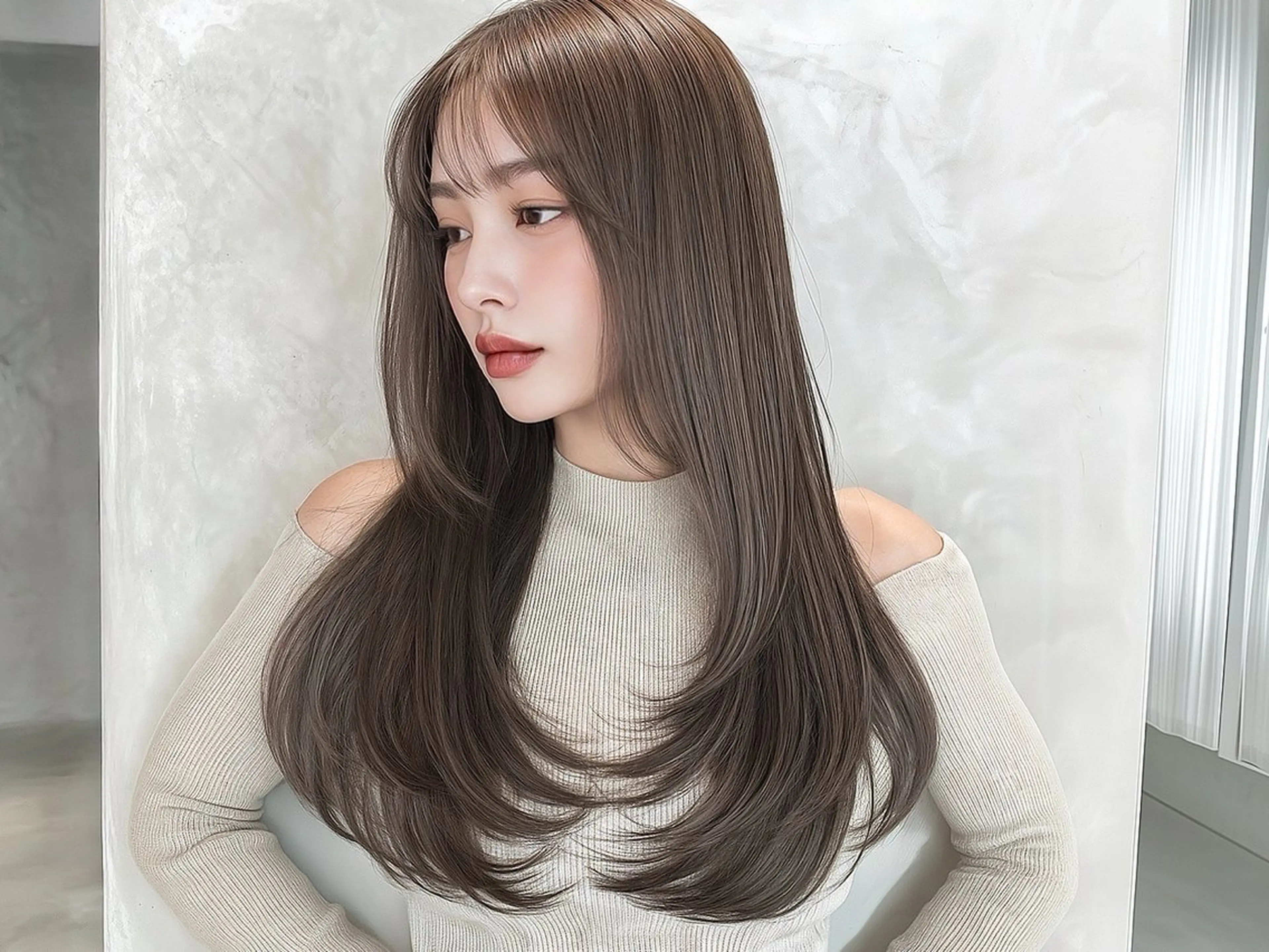 ロング カット ヘアカラー 縮毛矯正 トリートメント 髪質改善韓国レイヤー SHIORI🦋のヘアスタイル