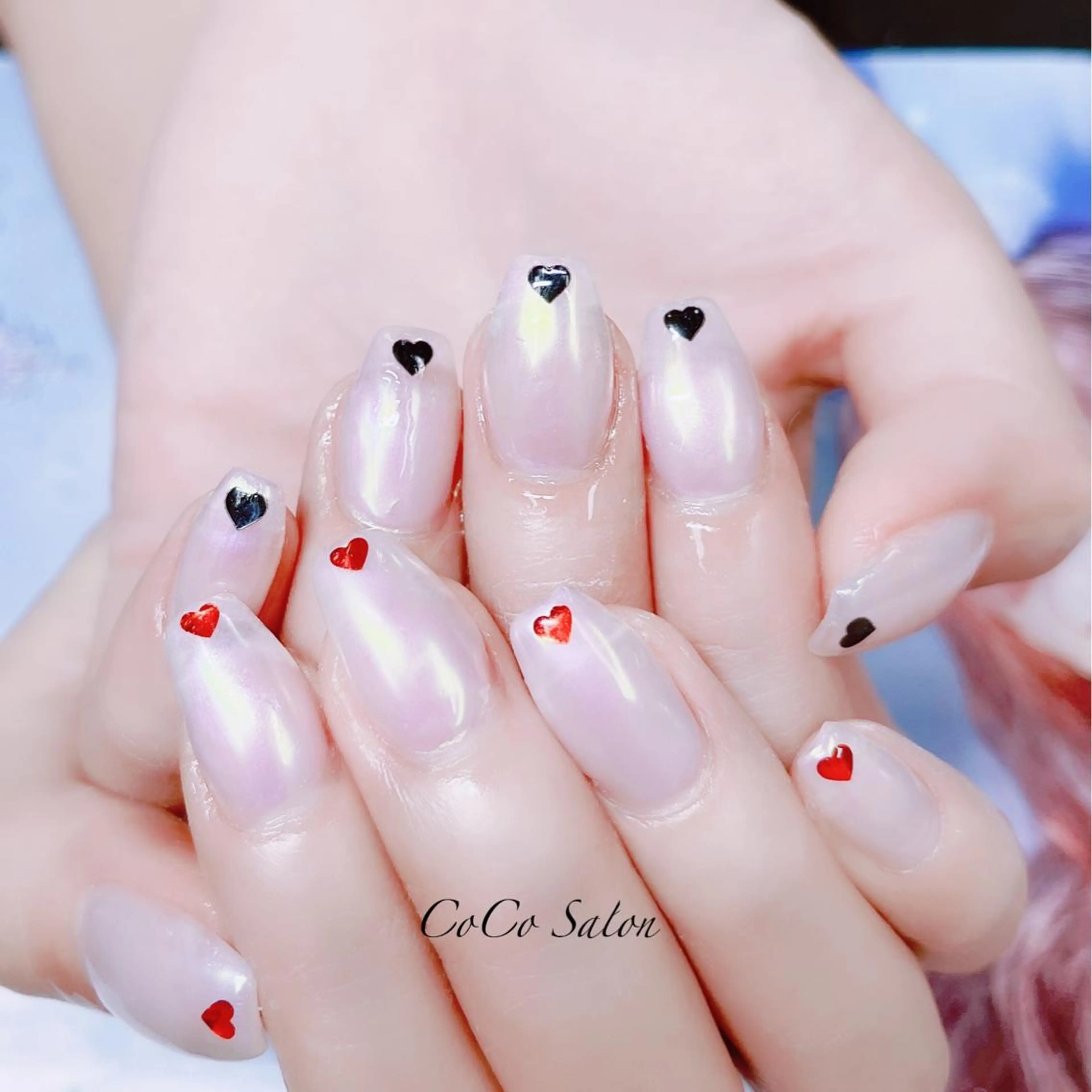 ネイル オーロラネイル 長さ出し ジェルネイル ハート ホログラムネイル ハンドネイル CoCoSalon ネイル/まつ毛予約のネイルデザイン