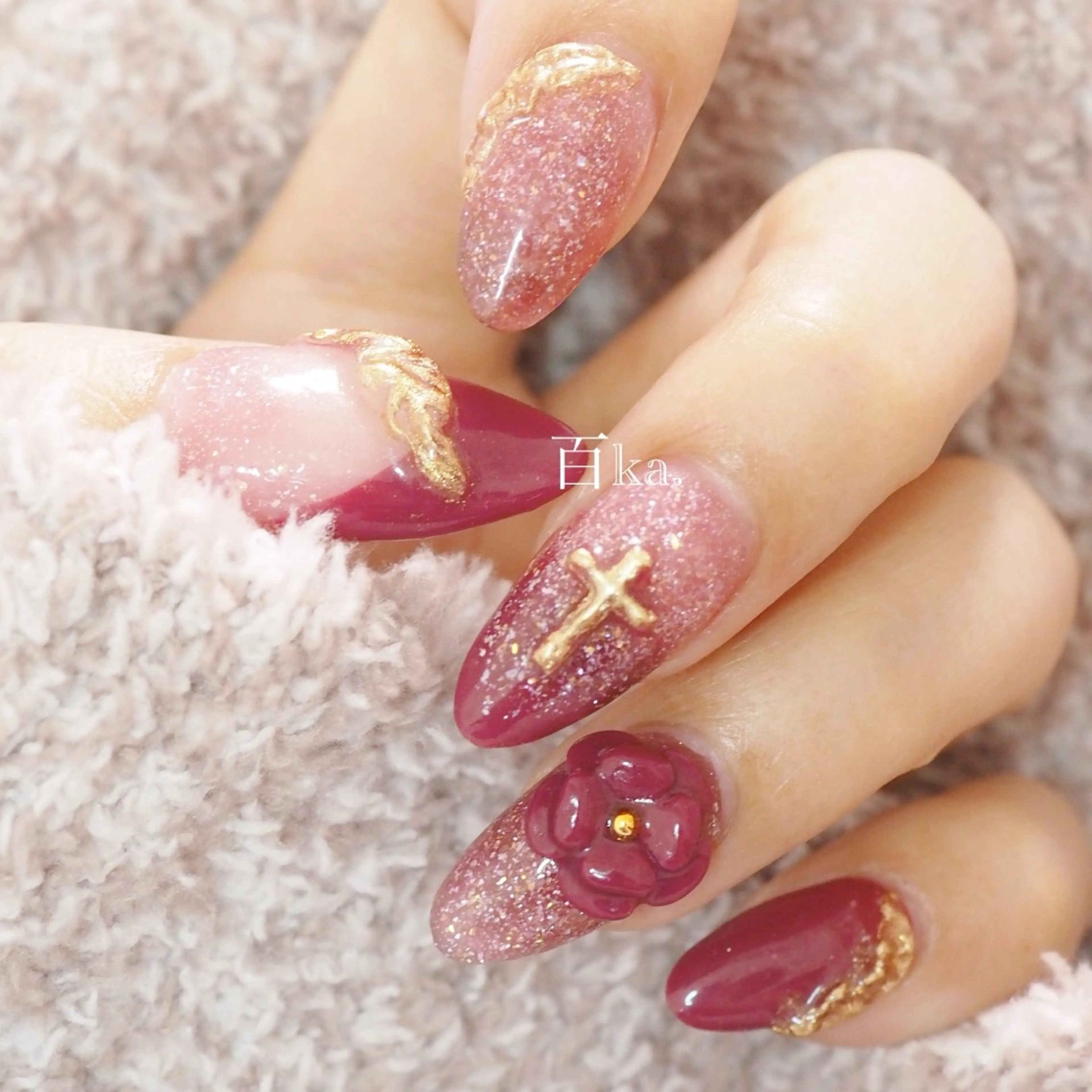 ネイル アートネイル ボルドー 成人式 フレンチネイル グラデーション ネイルサロン Venusのネイルデザイン