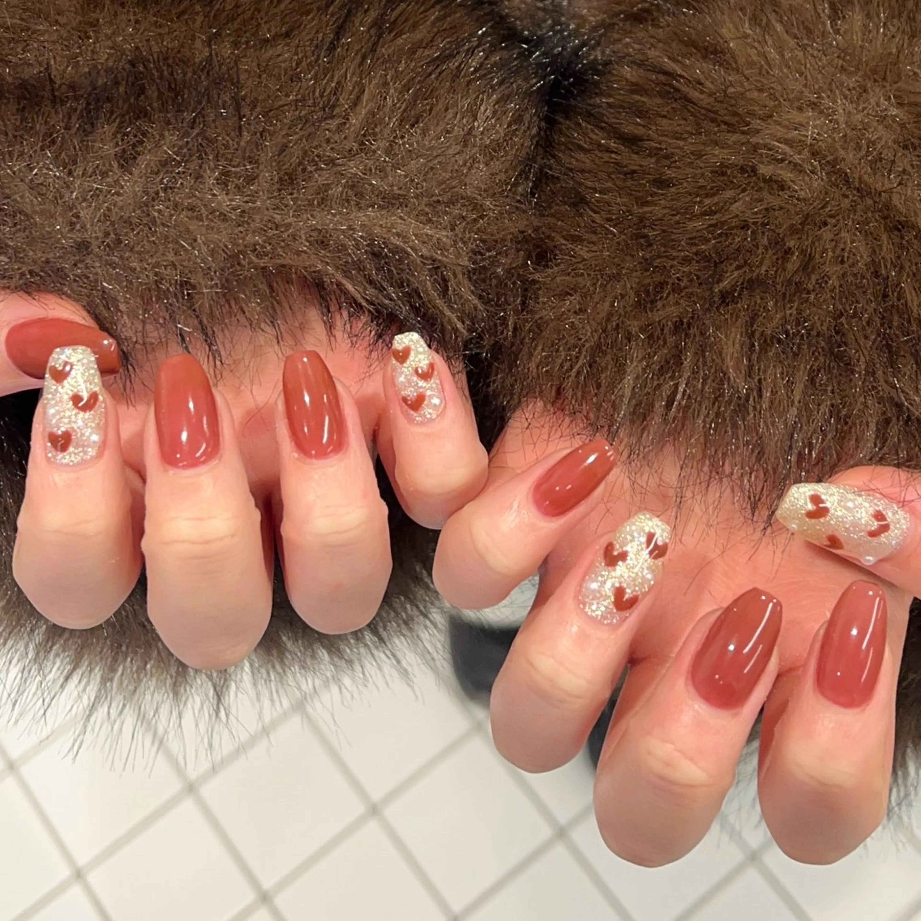 ネイル ハート キラキラネイル ロングネイル リボン 冬ネイル ハンドネイル eight nail 春菜のネイルデザイン