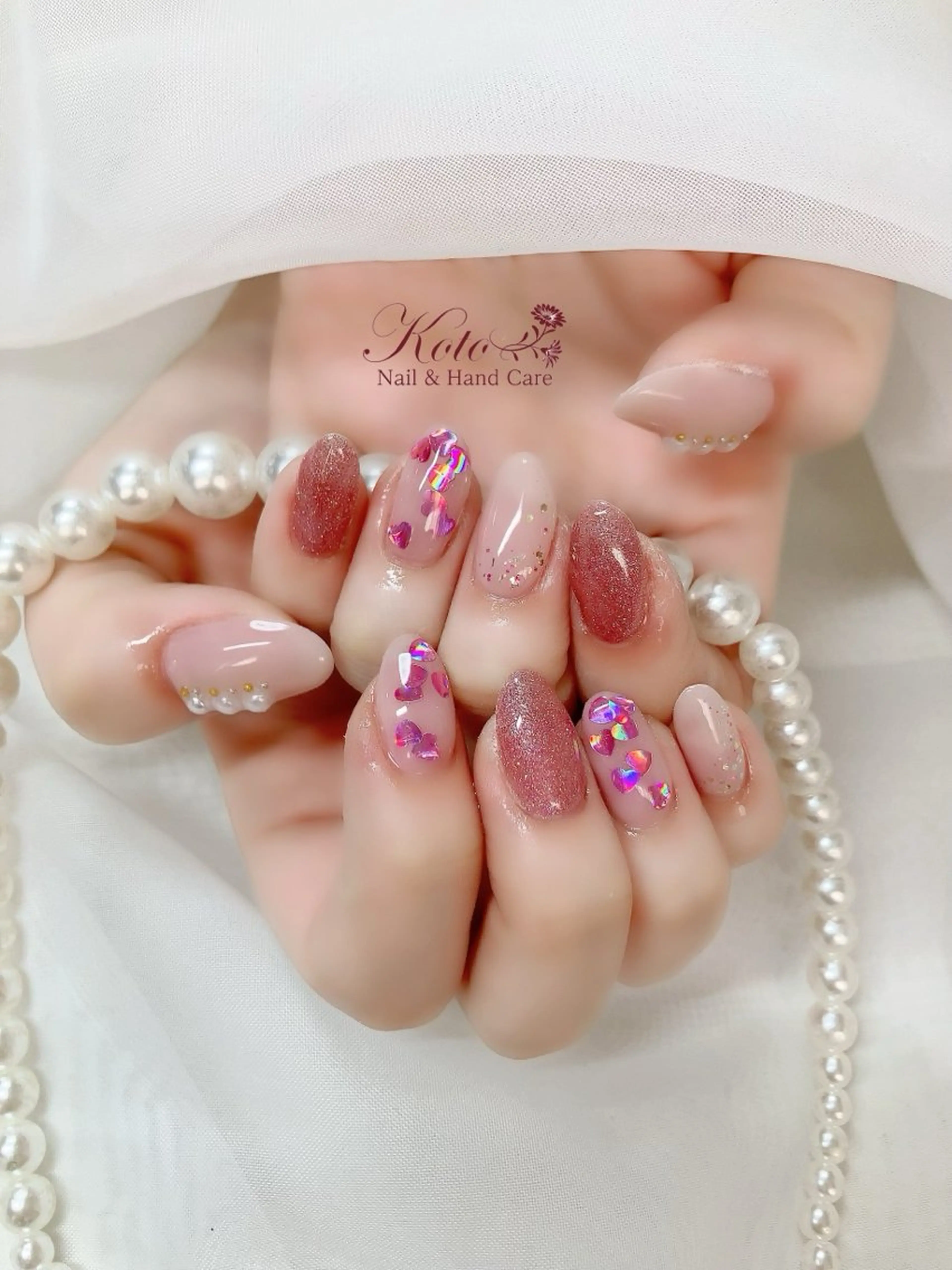 ネイル 長さ出し ジェルネイル ハート 持ち込み ニュアンスネイル ハンドネイル Nail Salon KOTOのネイルデザイン