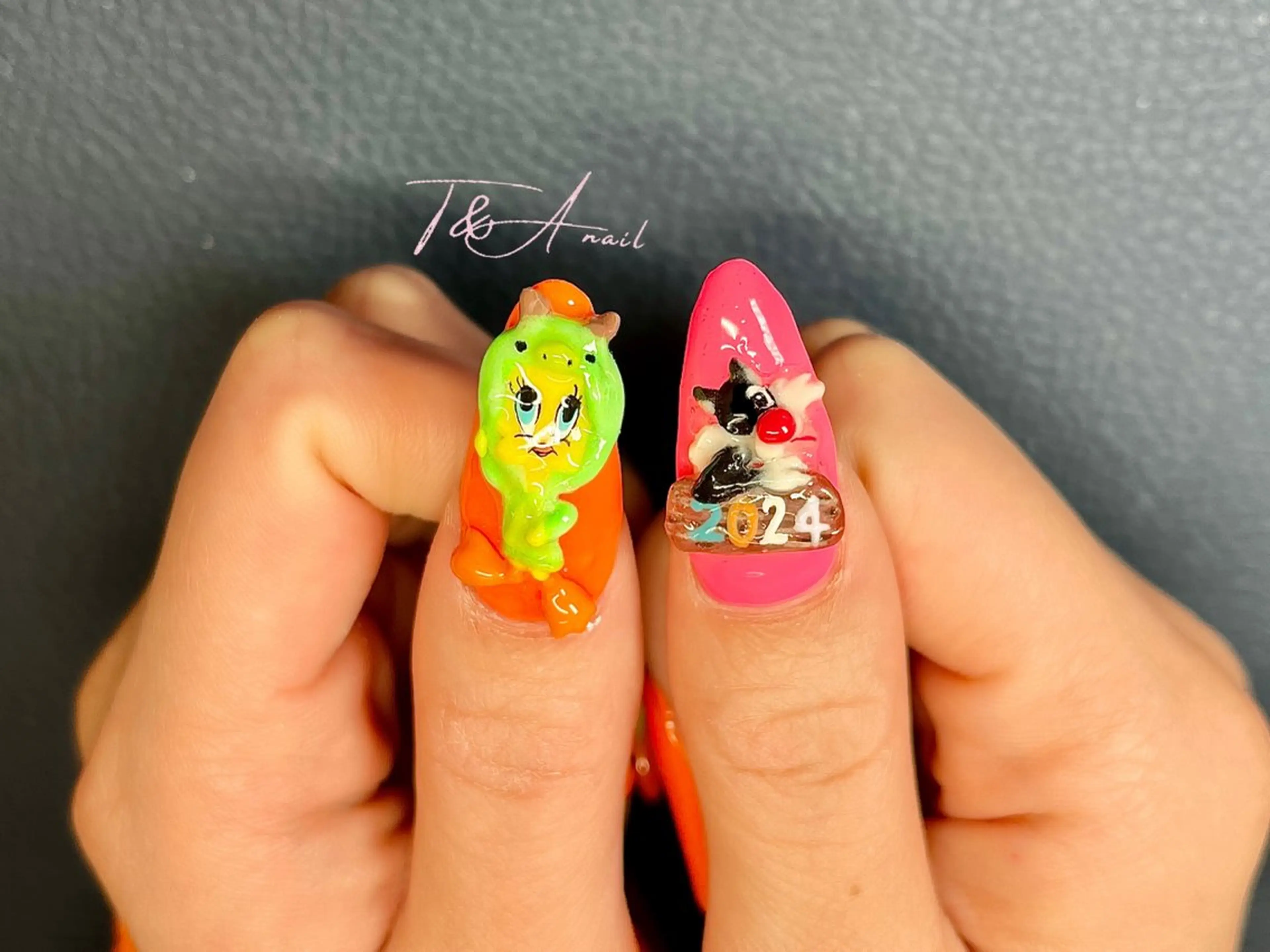 ネイル 長さ出し ジェルネイル オレンジ スカルプネイル ハンドネイル T&A nailのネイルデザイン