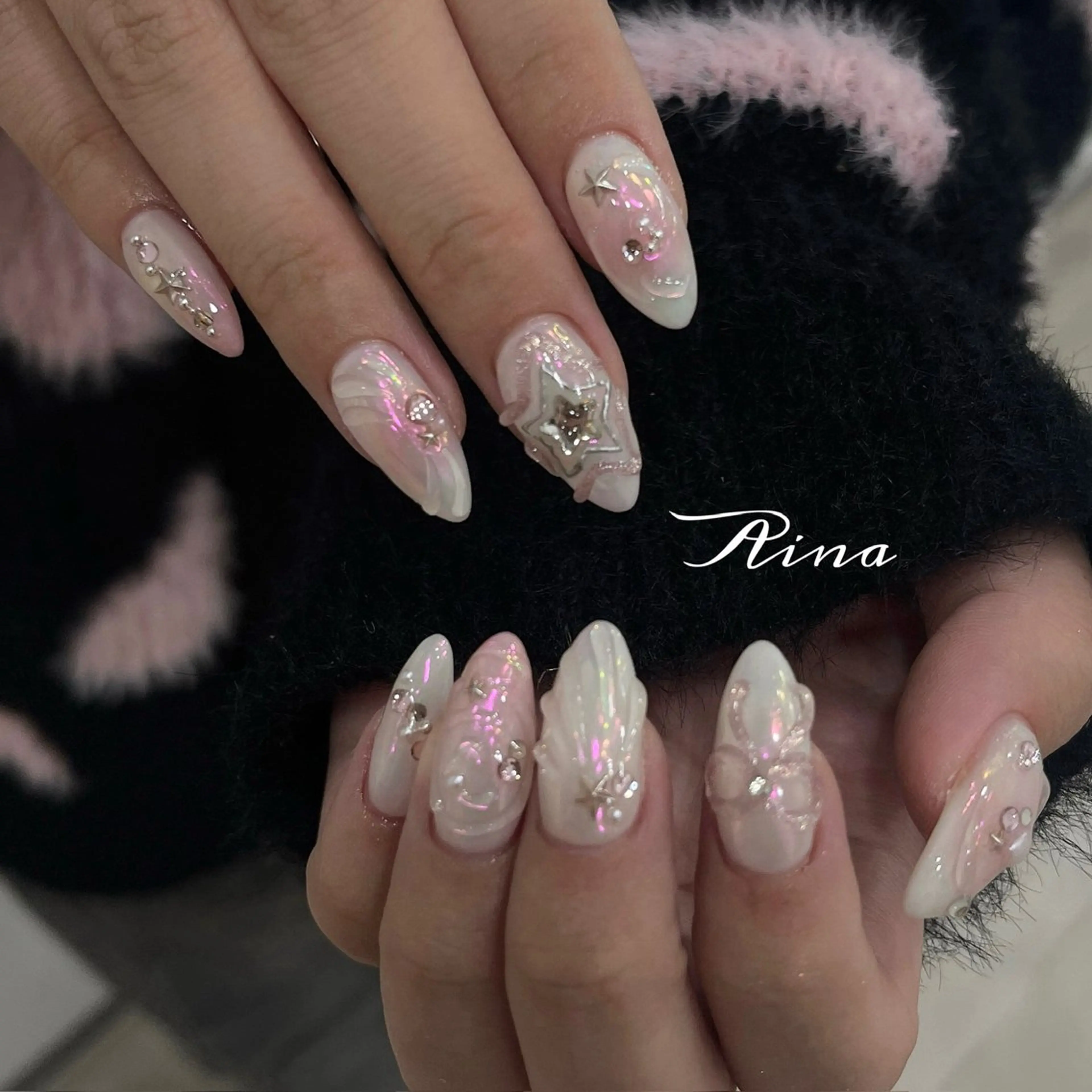 ネイル アートネイル ハート ピンク リボン ホワイト ハンドネイル moca  心斎橋店所属・moca心斎橋店 Aina🐈‍⬛🤍のネイルデザイン