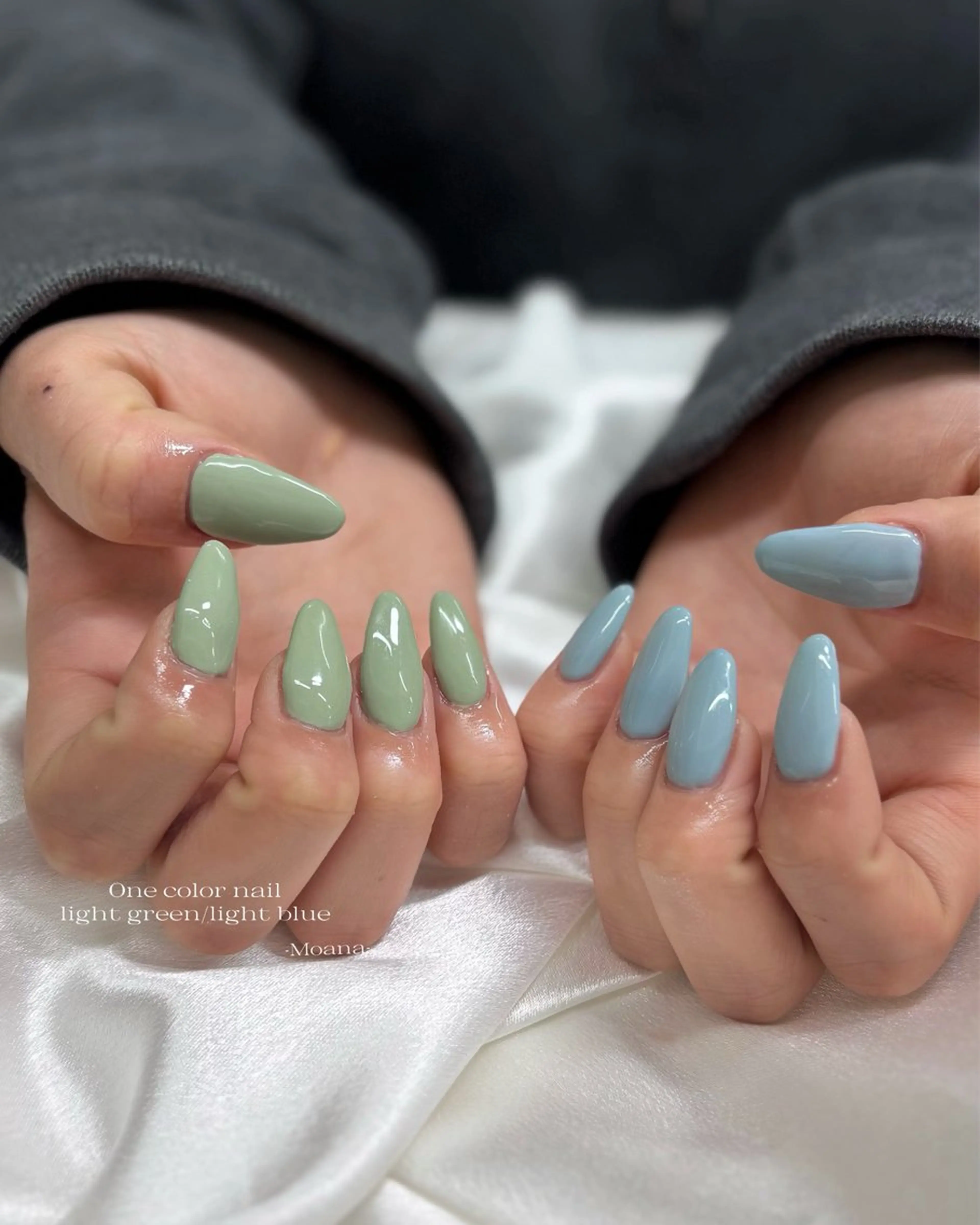 ネイル グリーン 水色 ワンカラーネイル パステルネイル 春ネイル ハンドネイル Moana nail Hiyoriのネイルデザイン