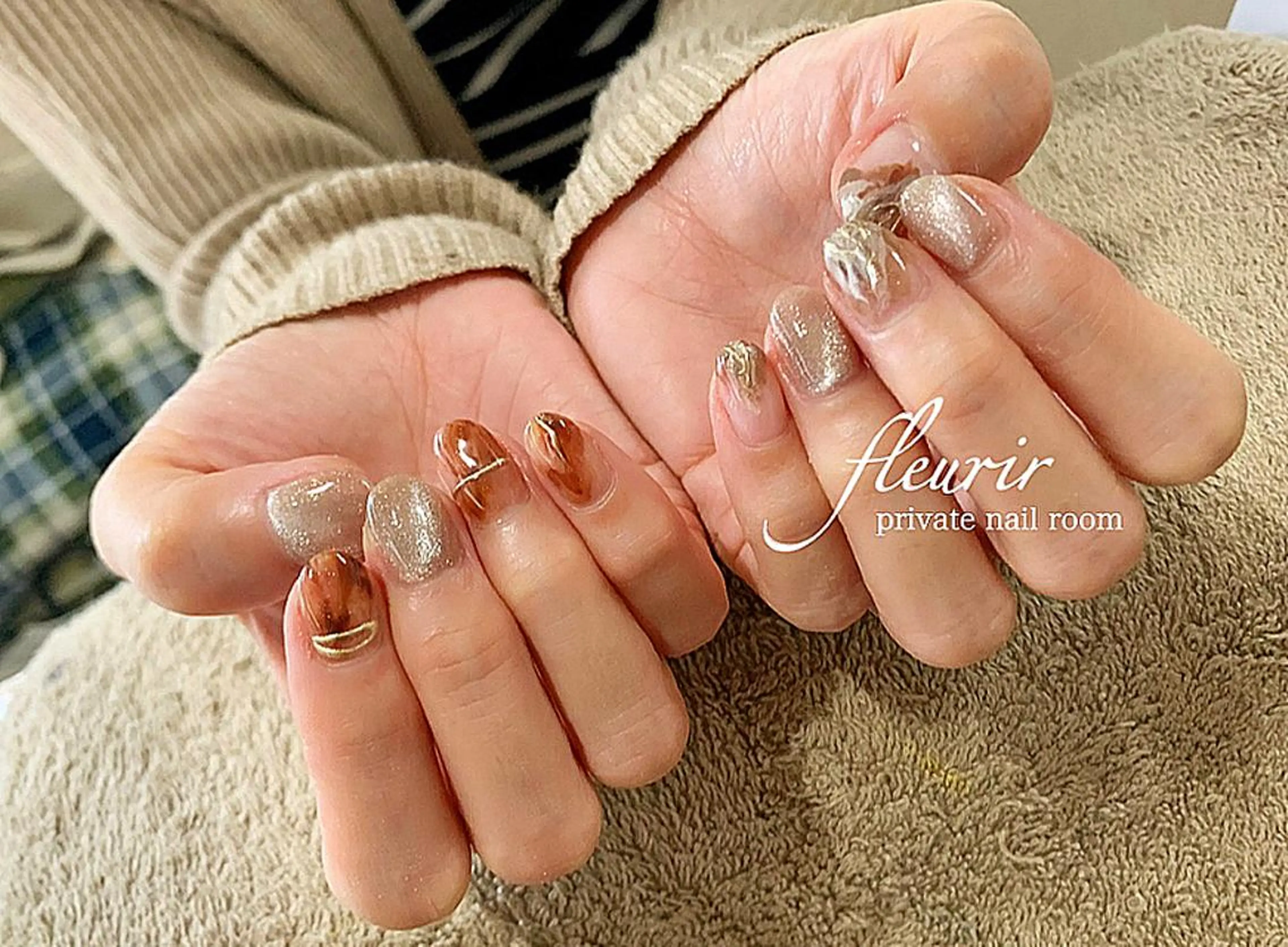 ネイル べっ甲ネイル 冬ネイル フルリール 【プライベートサロンのネイルデザイン