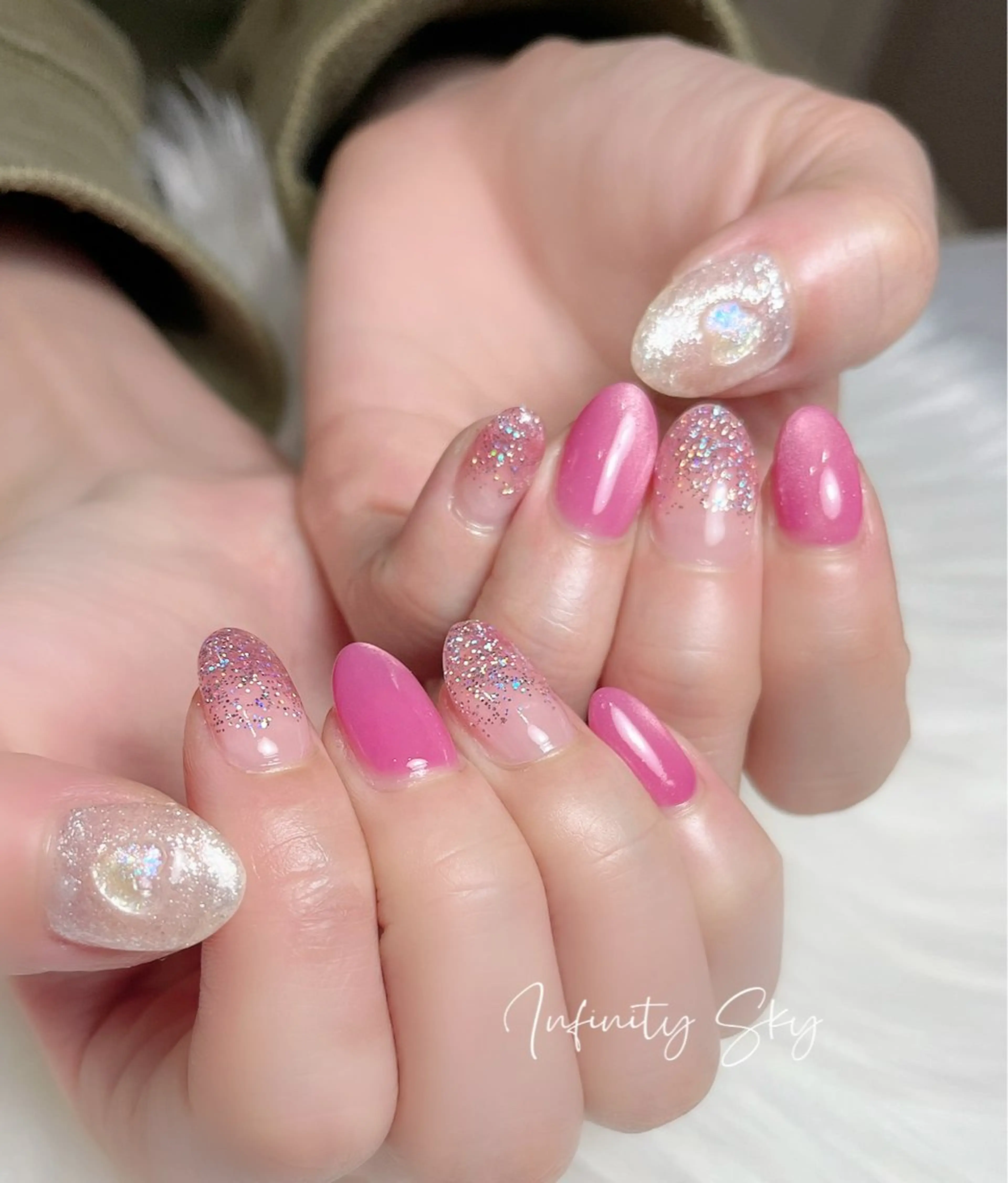 ネイル ハート ラメ(グリッター) ピンク バレンタイン infinity skyのネイルデザイン