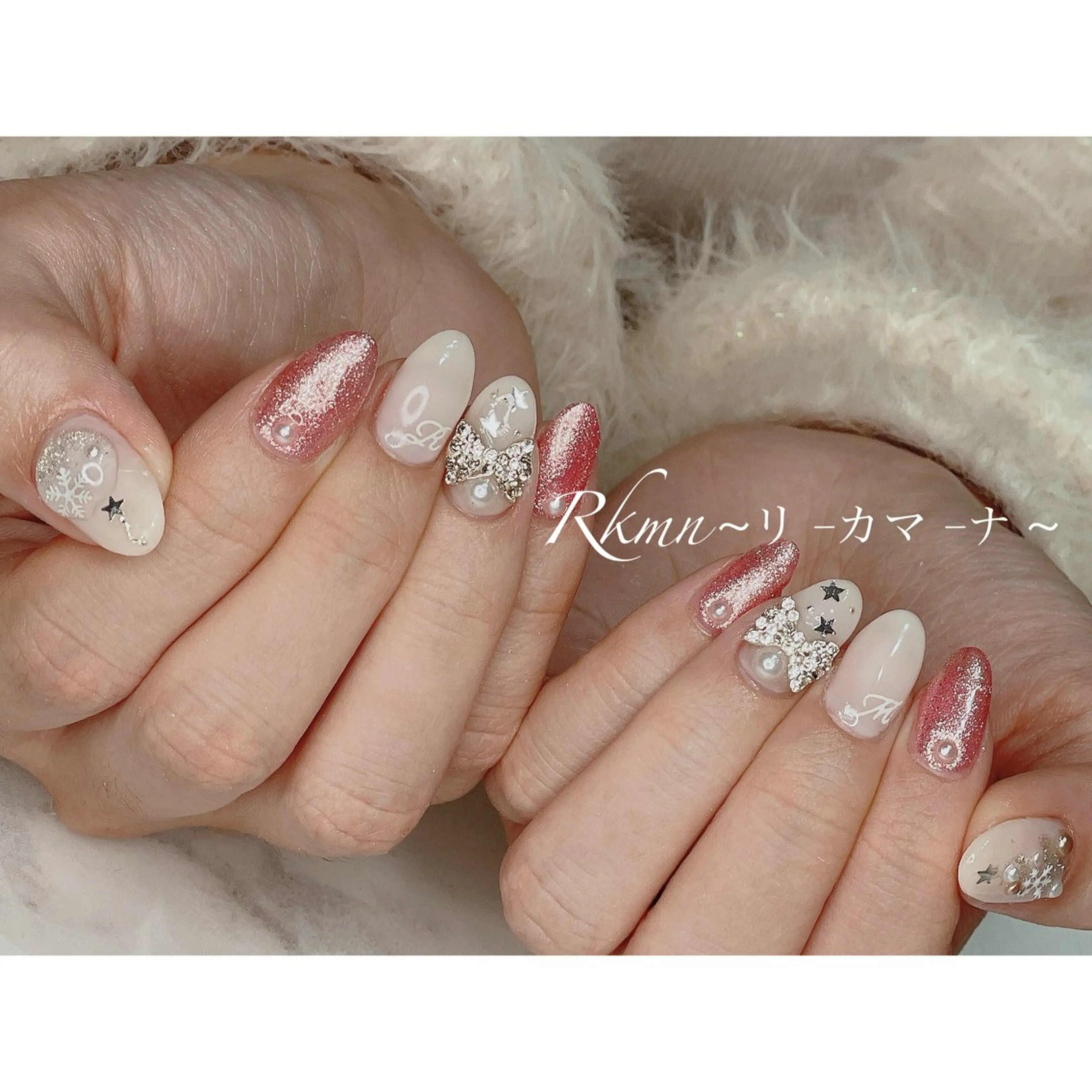 ネイル アートネイル ラメ(グリッター) ピンク リボン 春ネイル ハンドネイル フットネイル ハンドケア Rkmn ~リ-カマ-ナ~のネイルデザイン