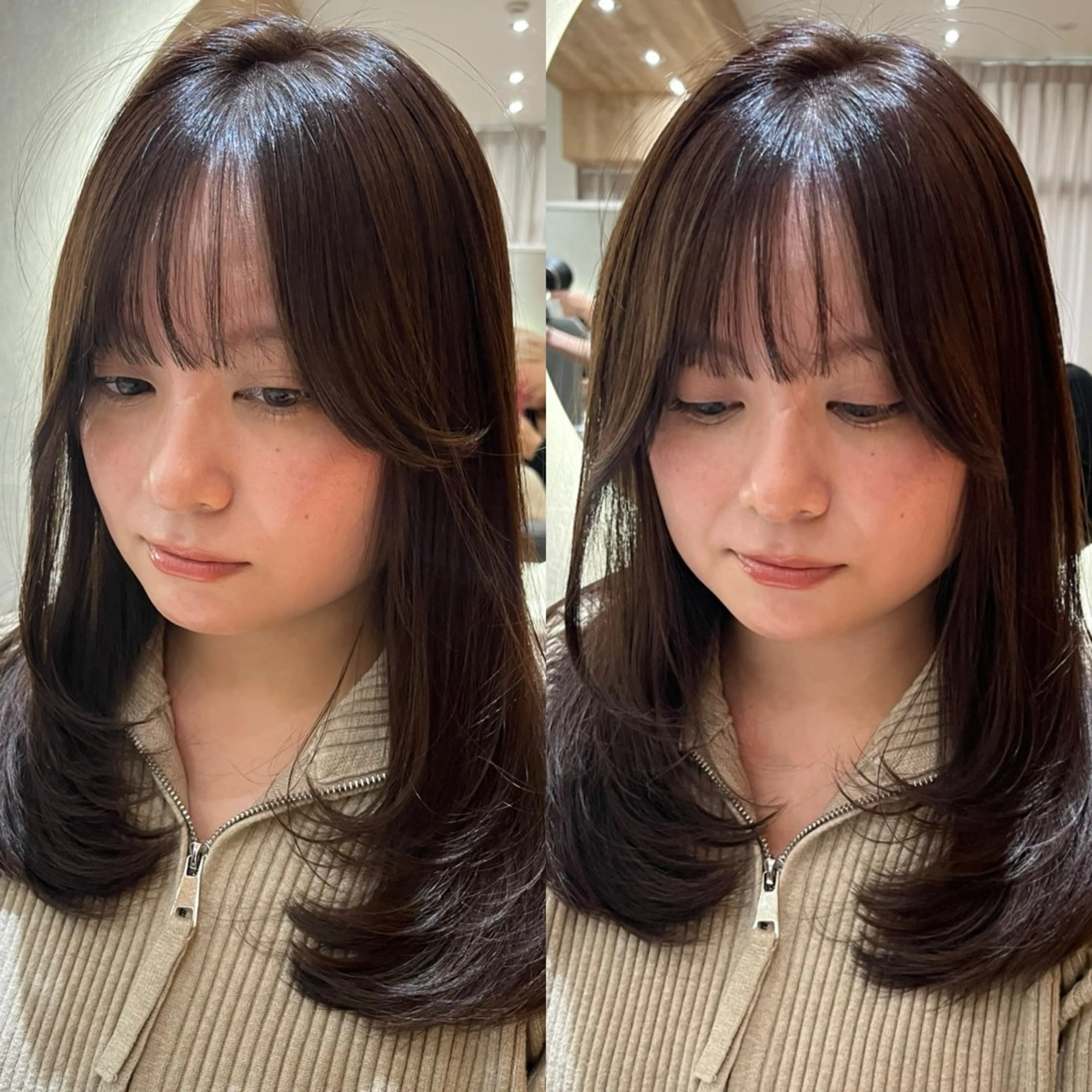 セミロング カット ヘアカラー トリートメント 韓国レイヤー／顔周り ／ブリーチことこのヘアスタイル