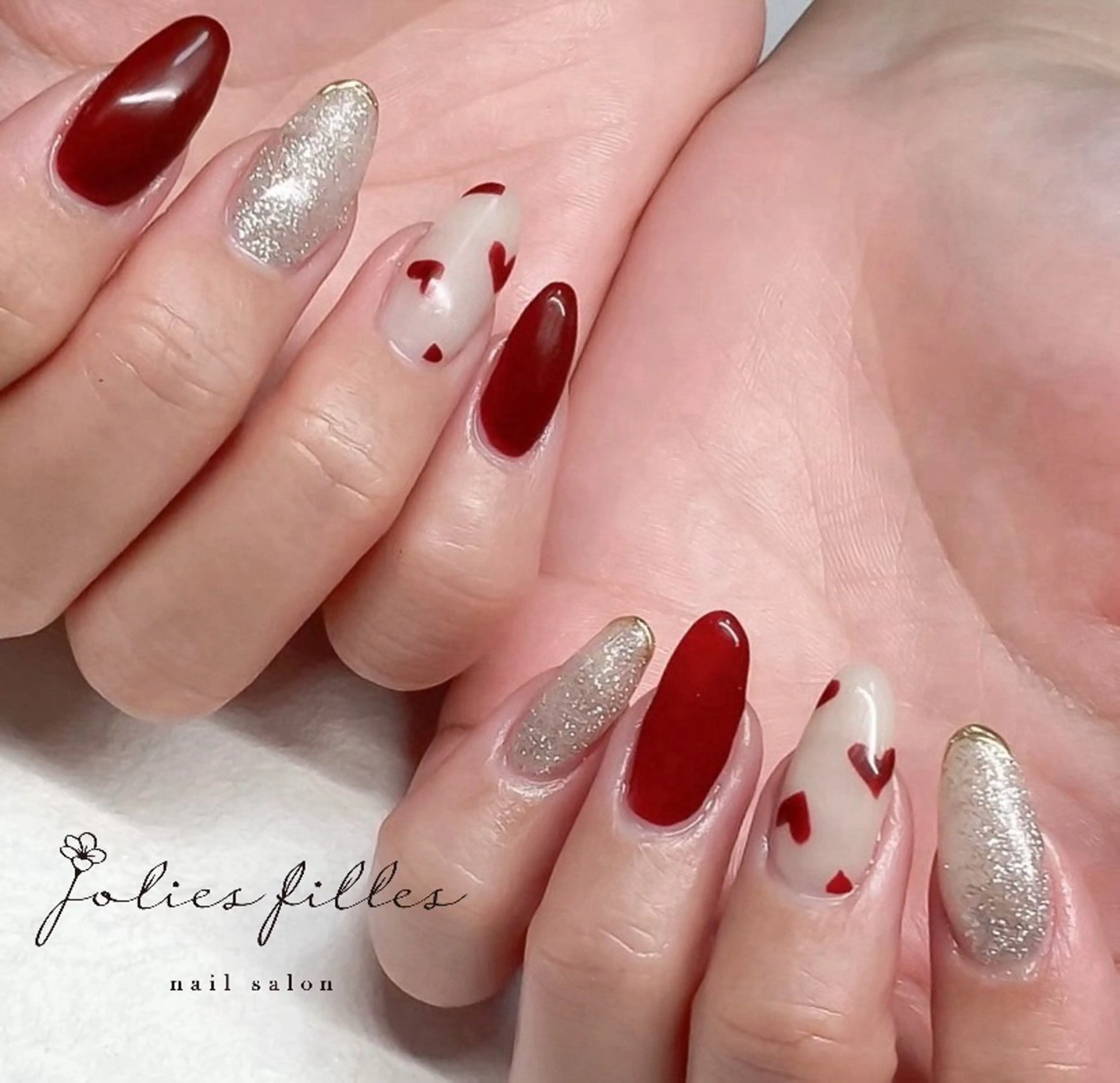 ネイル ボルドー ハート バレンタイン ジョリフィーユ 中出のネイルデザイン