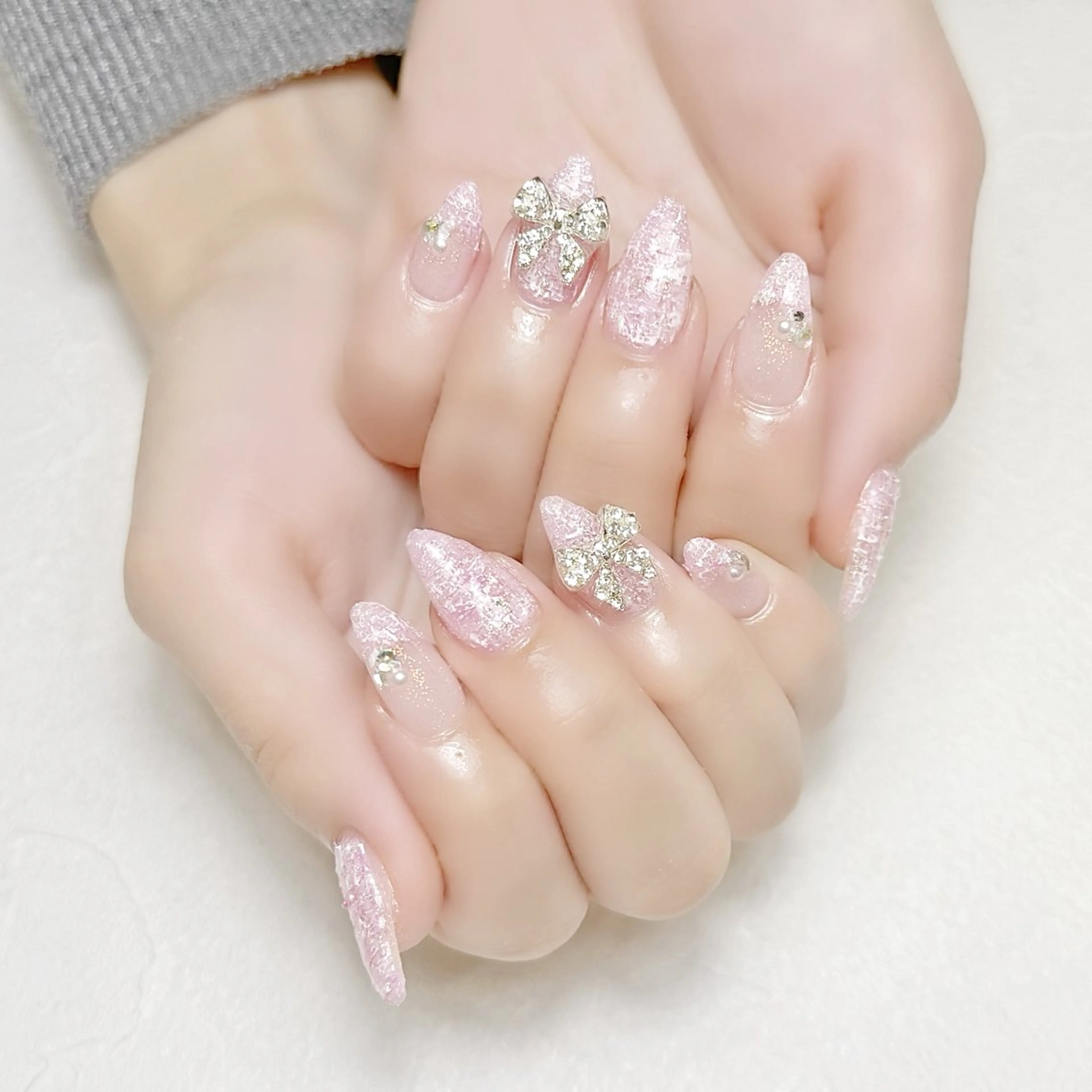 ネイル ジェルネイル 韓国ネイル ラメ(グリッター) ピンク リボン rouse nail RISATOのネイルデザイン