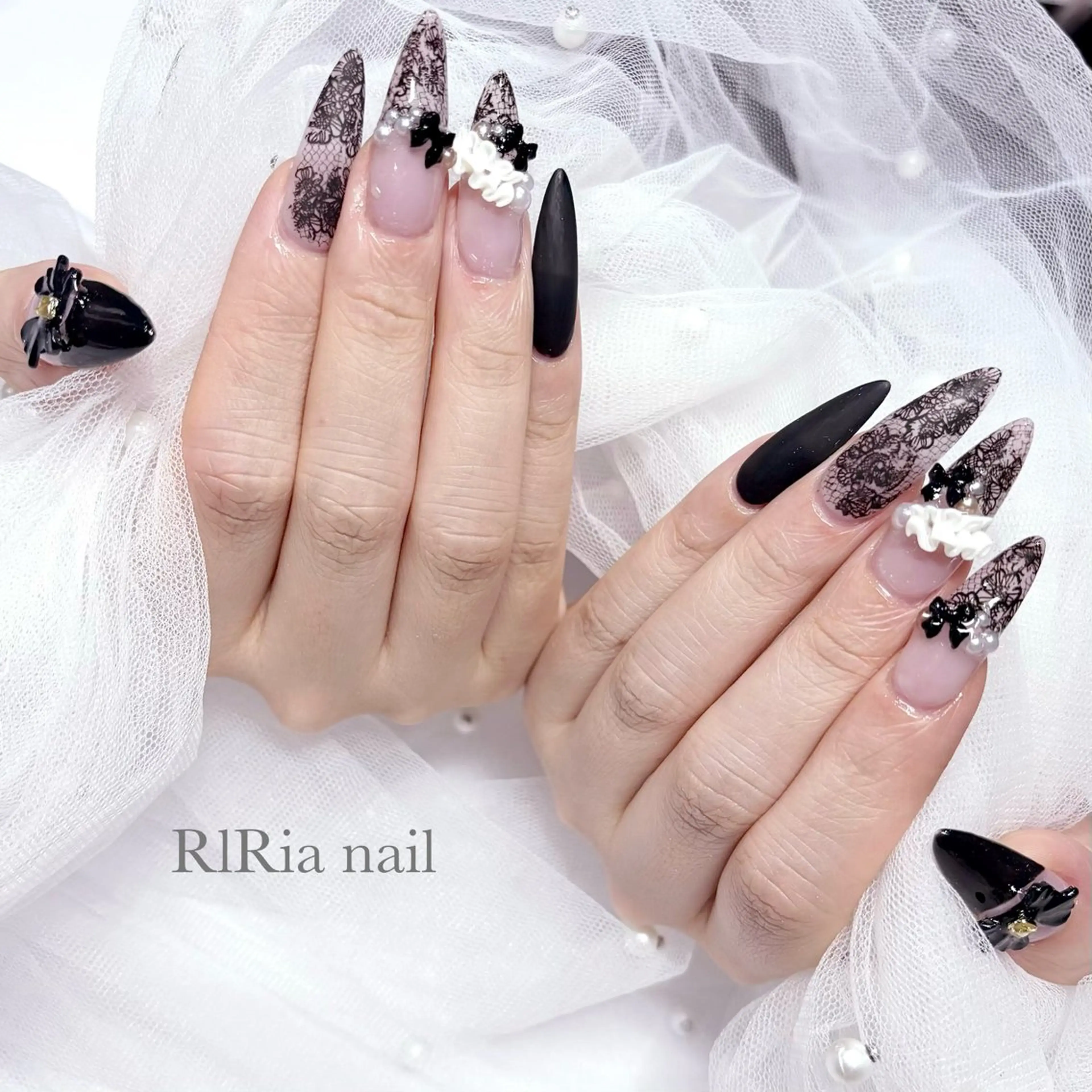 ネイル レース マットネイル リボン ハンドネイル 🎀『RlRia』(GO TODAY シェアサロン 横浜Solace店内)🎀所属・RlRia .のネイルデザイン
