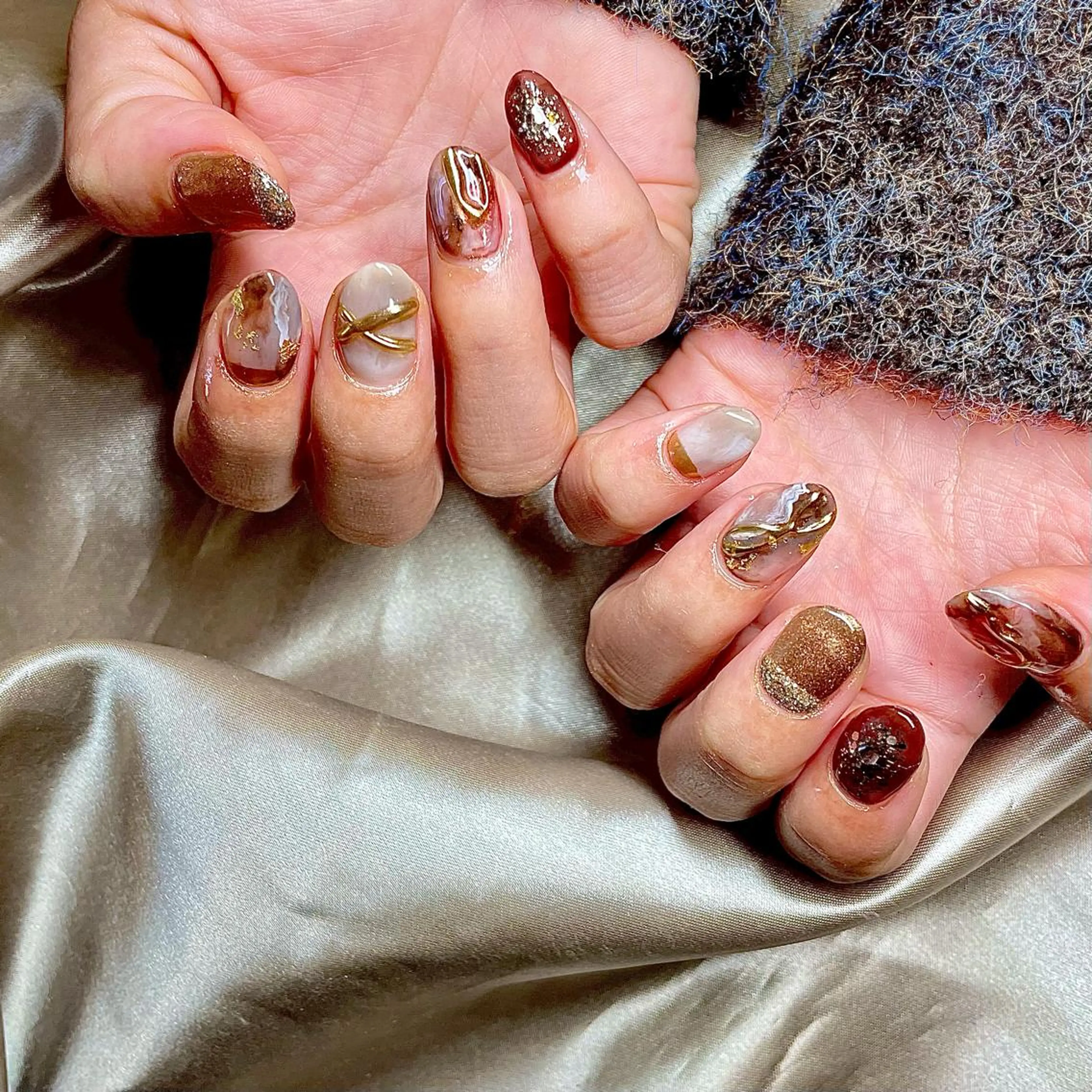 ミディアム カラー パーマ ヘアアレンジ メンズ キッズ ネイル マツエク・マツパ ブラウンカラー カラーマツエク ブラウン ミラーネイル nail&eye Aoのマツエク・マツパデザイン