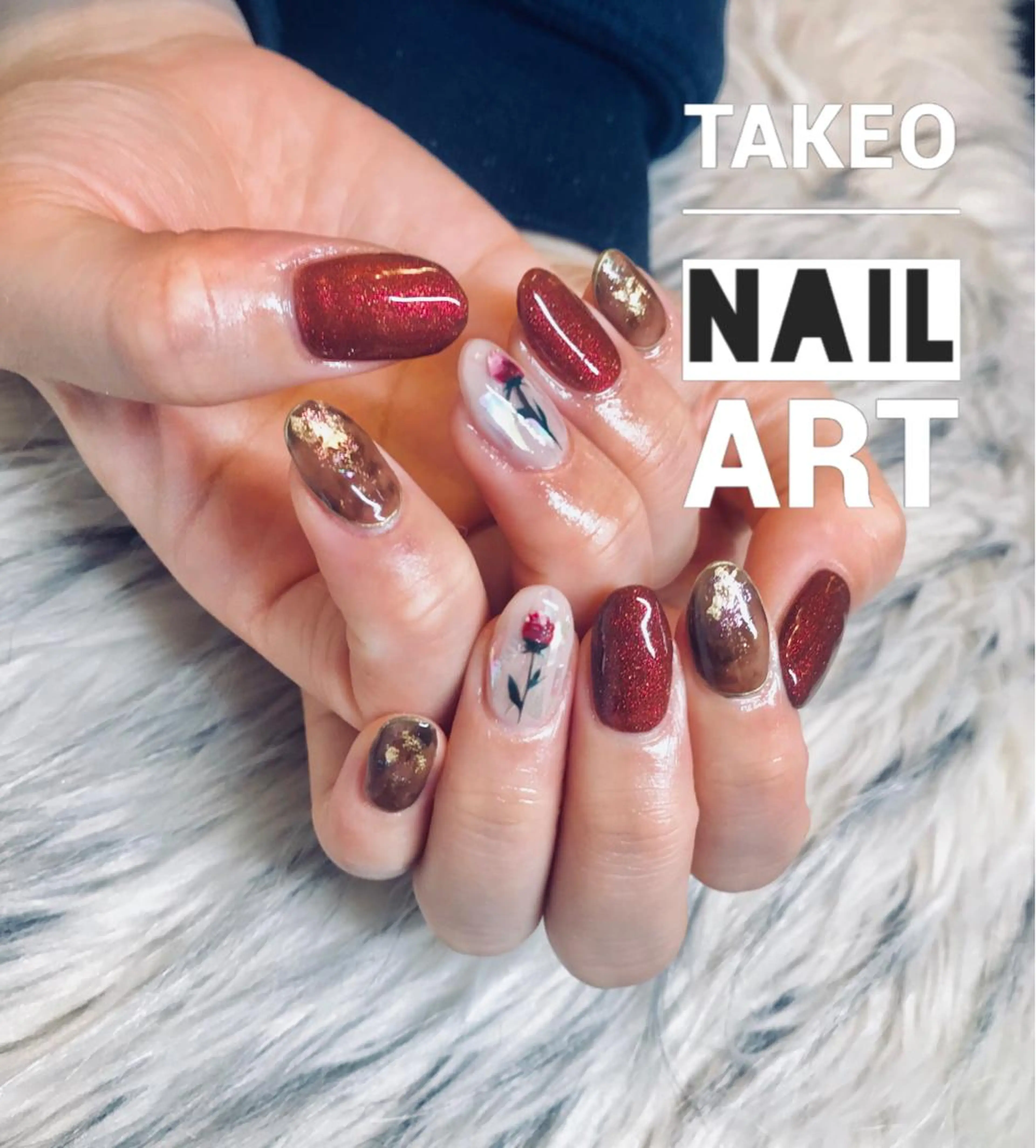 ショート ネイル ブラウン フラワーネイル ニュアンスネイル nail&eye Aoのマツエク・マツパデザイン