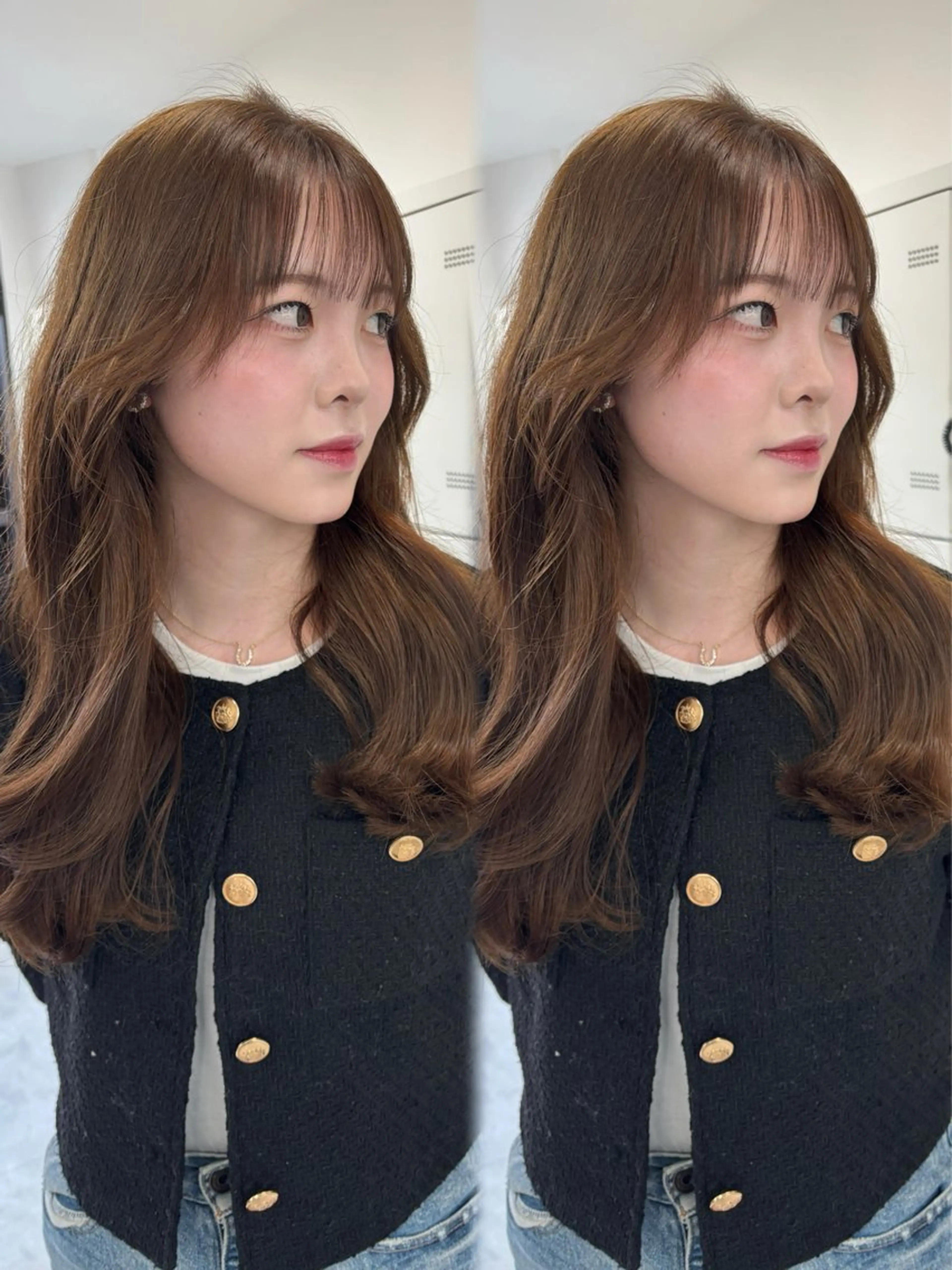 ロング ヘアカラー トリートメント ヘアセット 韓国ヘア/ブリーチ無 しWカラー/オリーブのヘアスタイル