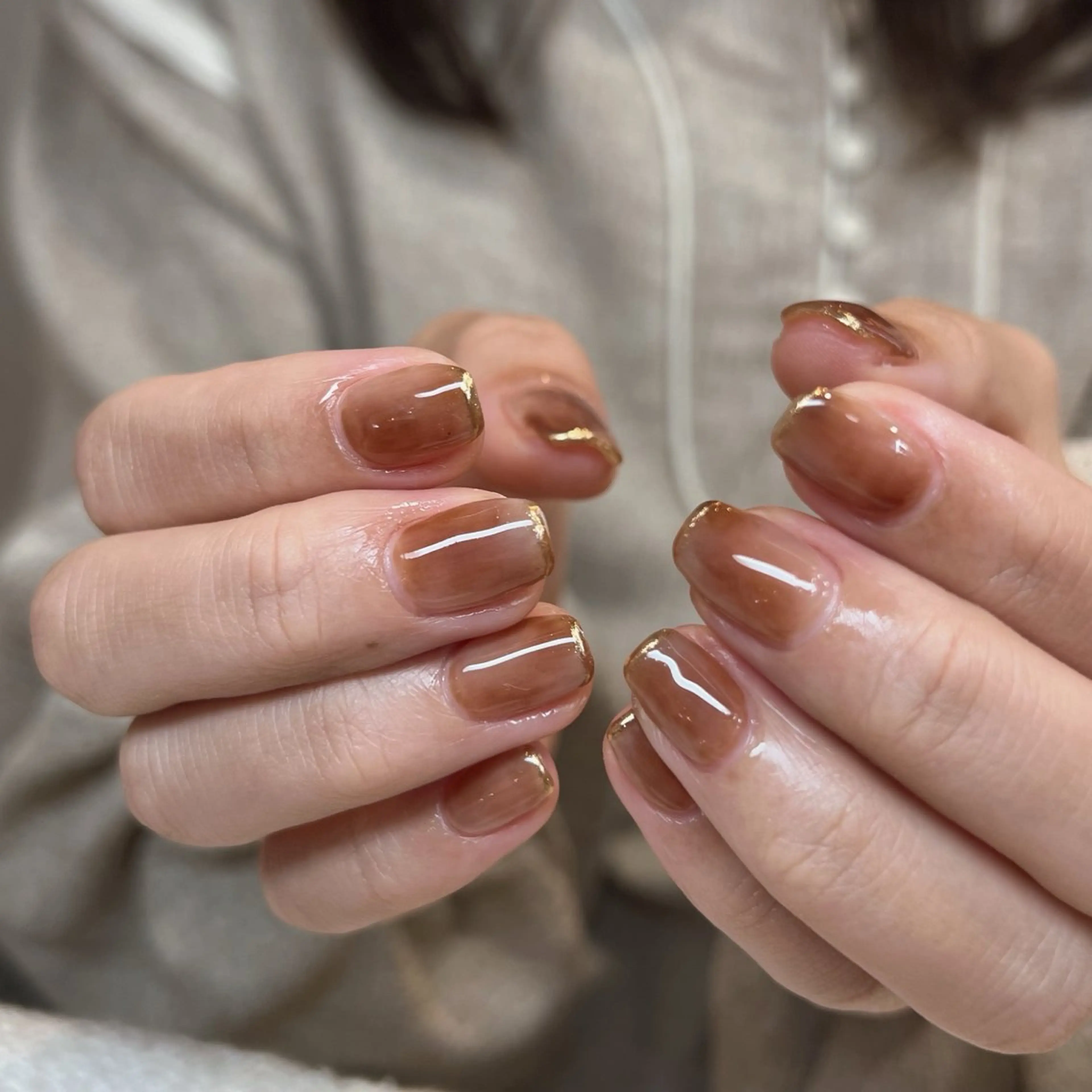 ネイル ブラウン フレンチネイル ミラーネイル ニュアンスネイル 鈴木 まゆのネイルデザイン