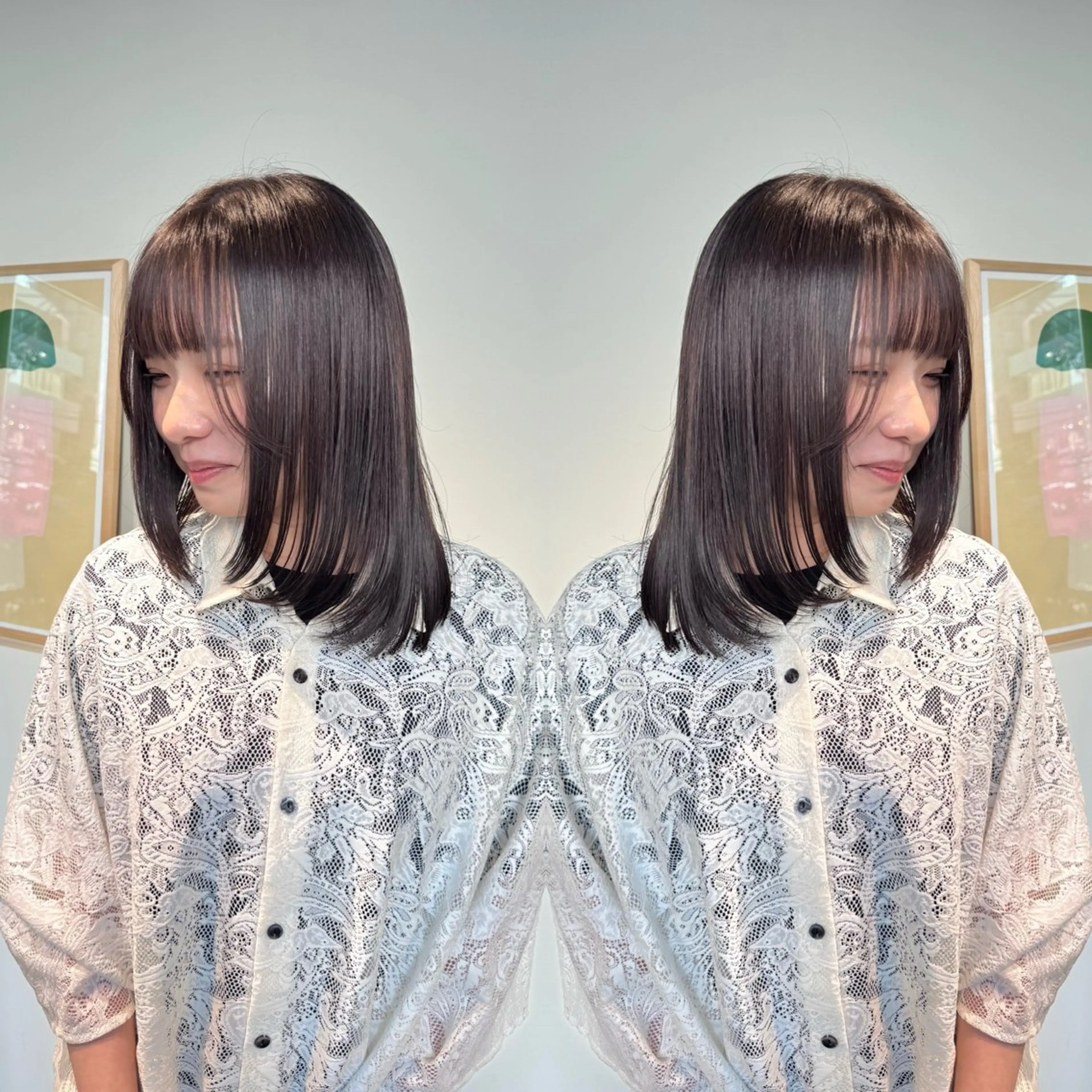 セミロング カラー 切りっぱなしボブ ショートボブ アッシュ ベージュカラー グレージュ eto所属・髪質改善スペシャリス ト長尾勇弥/梅田中津のヘアスタイル