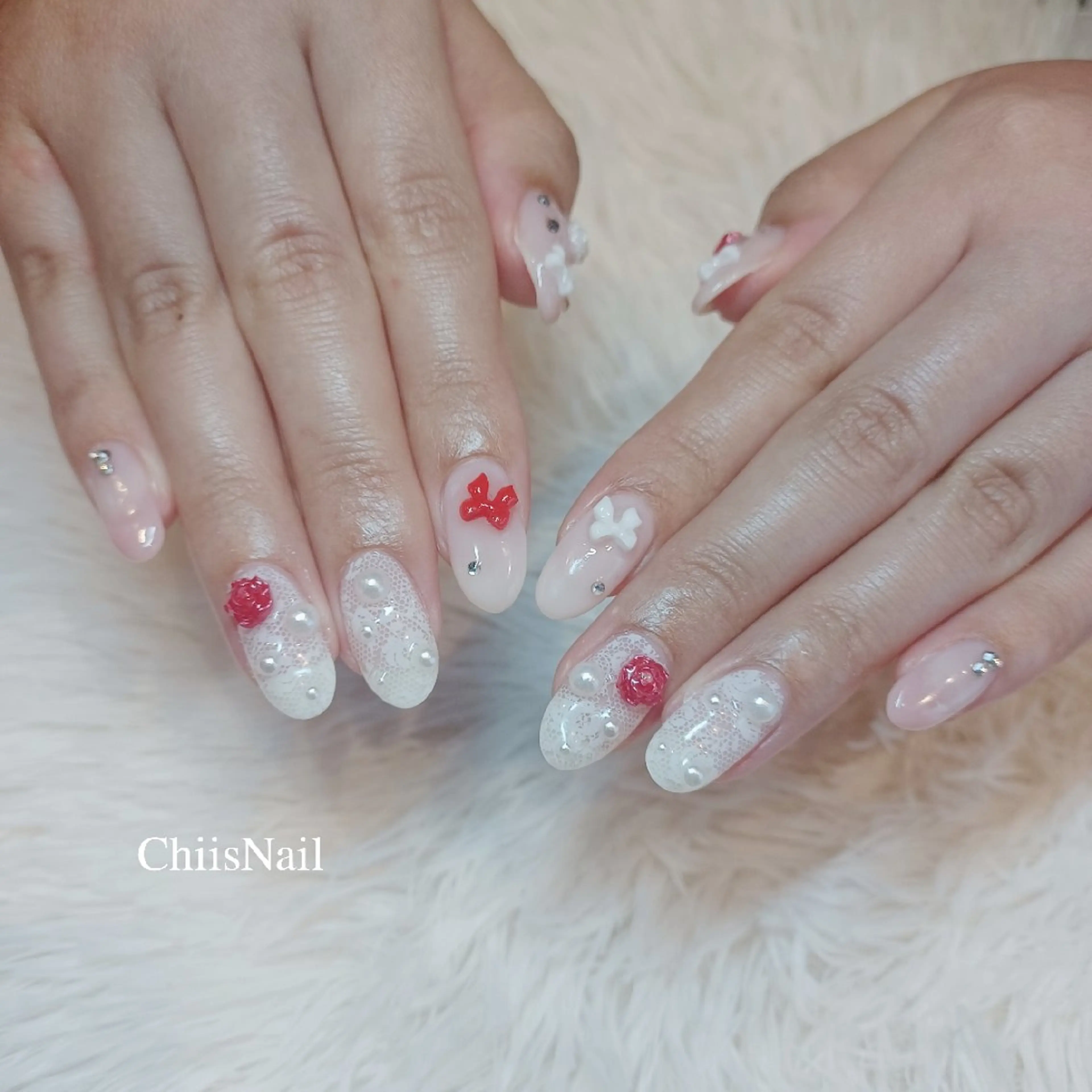 ネイル レース リボン 春ネイル ハンドネイル ChiisNail ﾁｨｽﾞﾈｲﾙのネイルデザイン