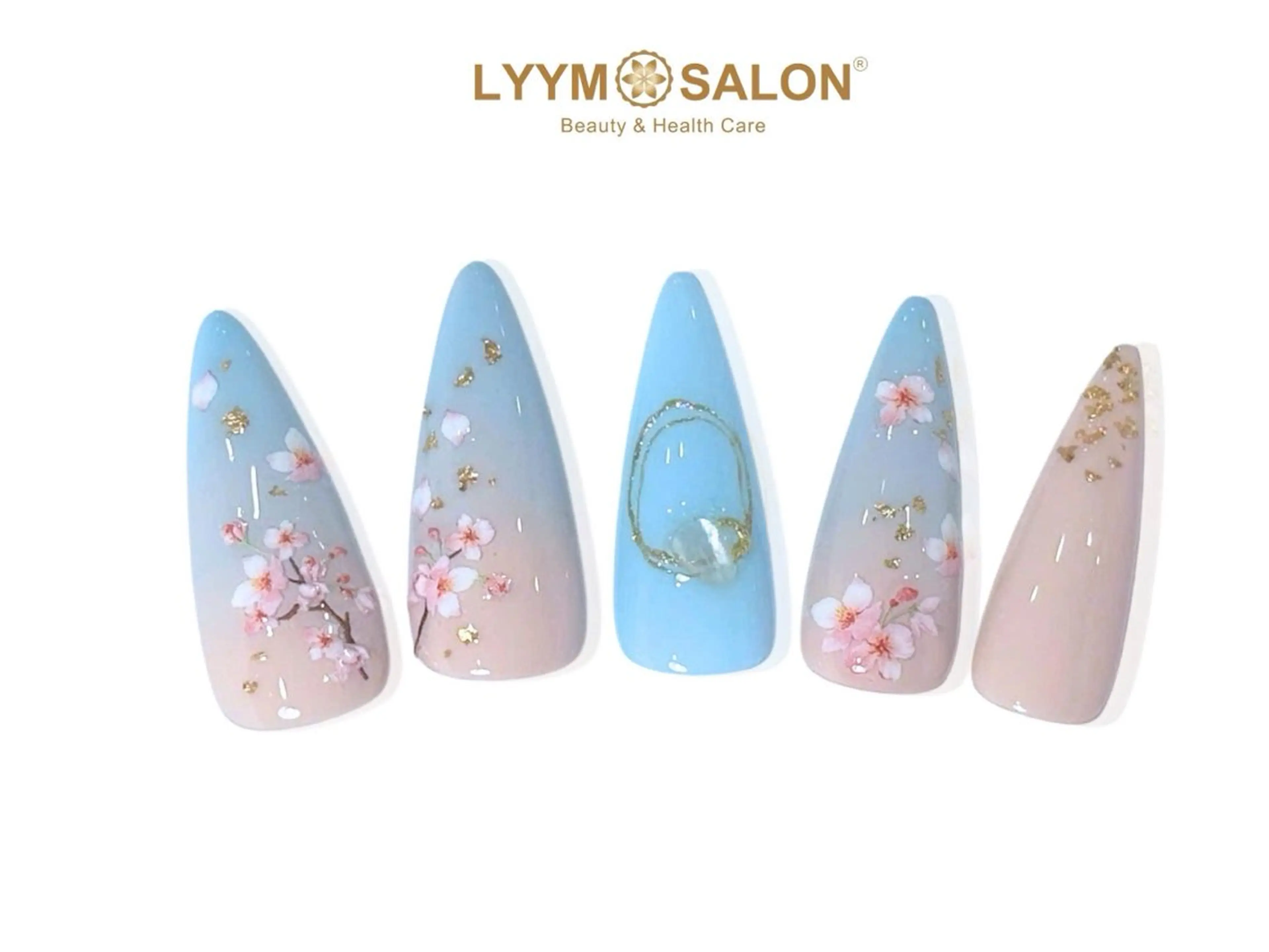ネイル アートネイル ブルー 桜ネイル グラデーション ハンドネイル LYYM Salonのネイルデザイン
