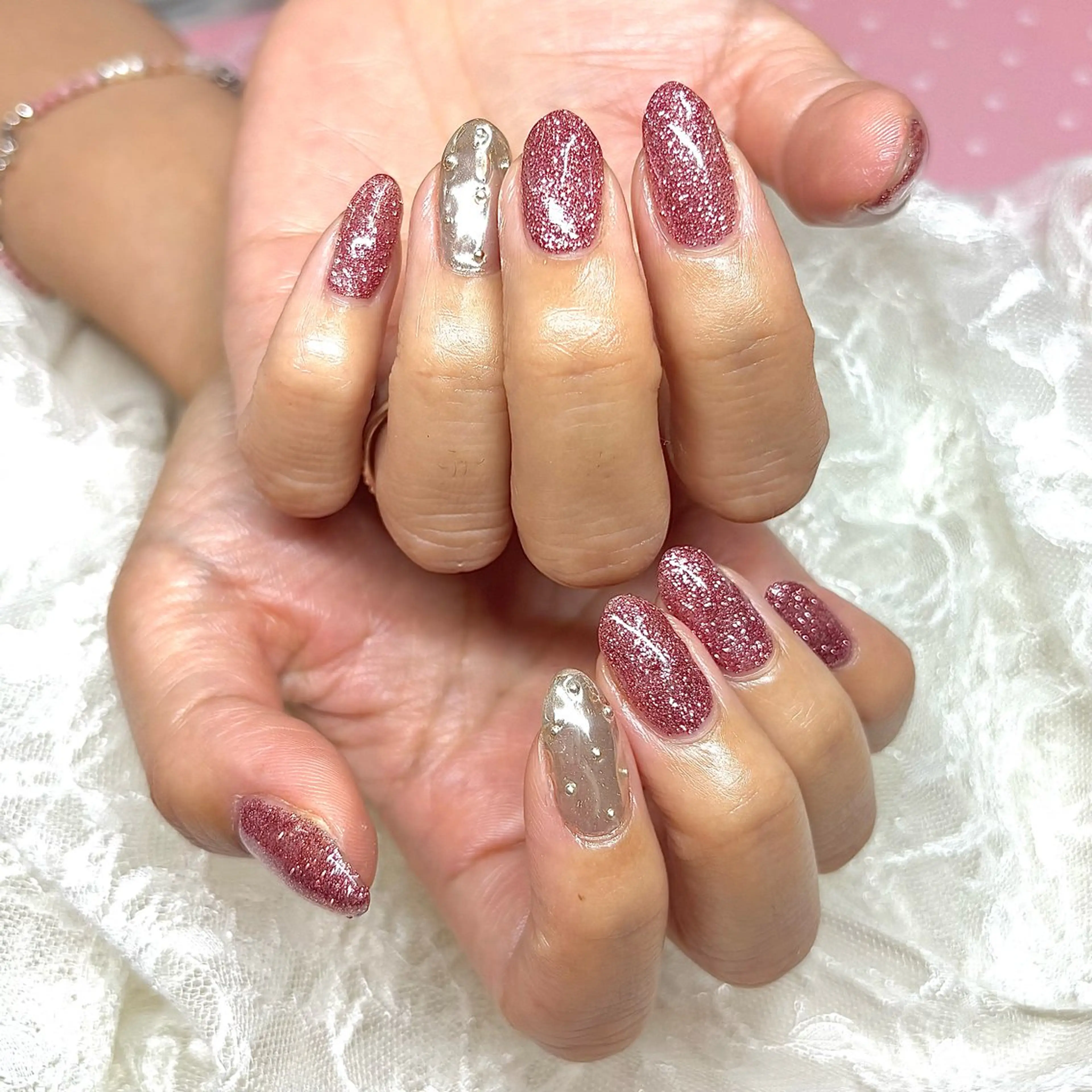 ネイル アートネイル ラメ(グリッター) ミラーネイル ピンク ハンドネイル フットネイル 小林 玲奈のネイルデザイン