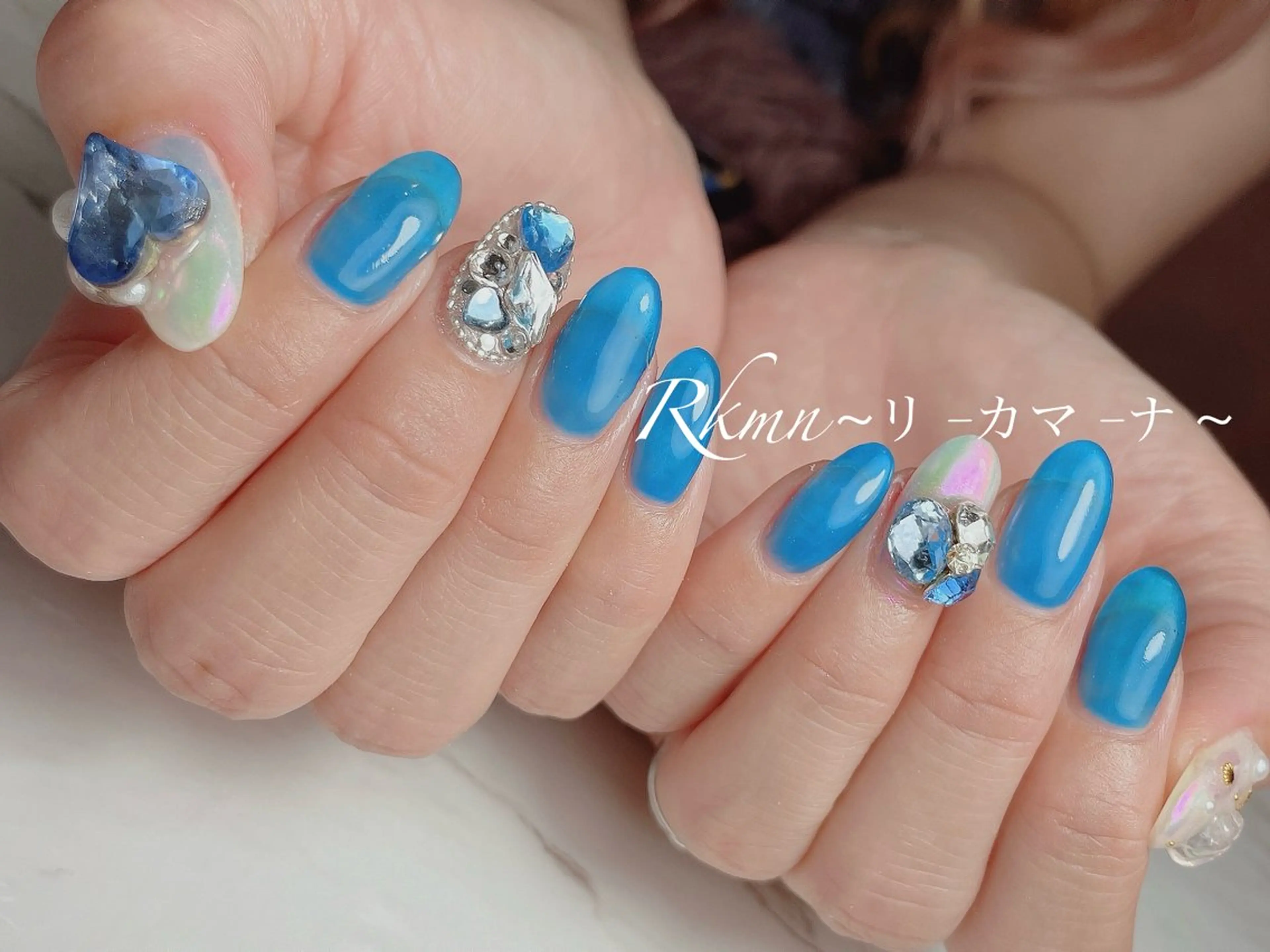 ネイル アートネイル ブルー ハート 春ネイル ハンドネイル フットネイル ハンドケア Rkmn ~リ-カマ-ナ~のネイルデザイン