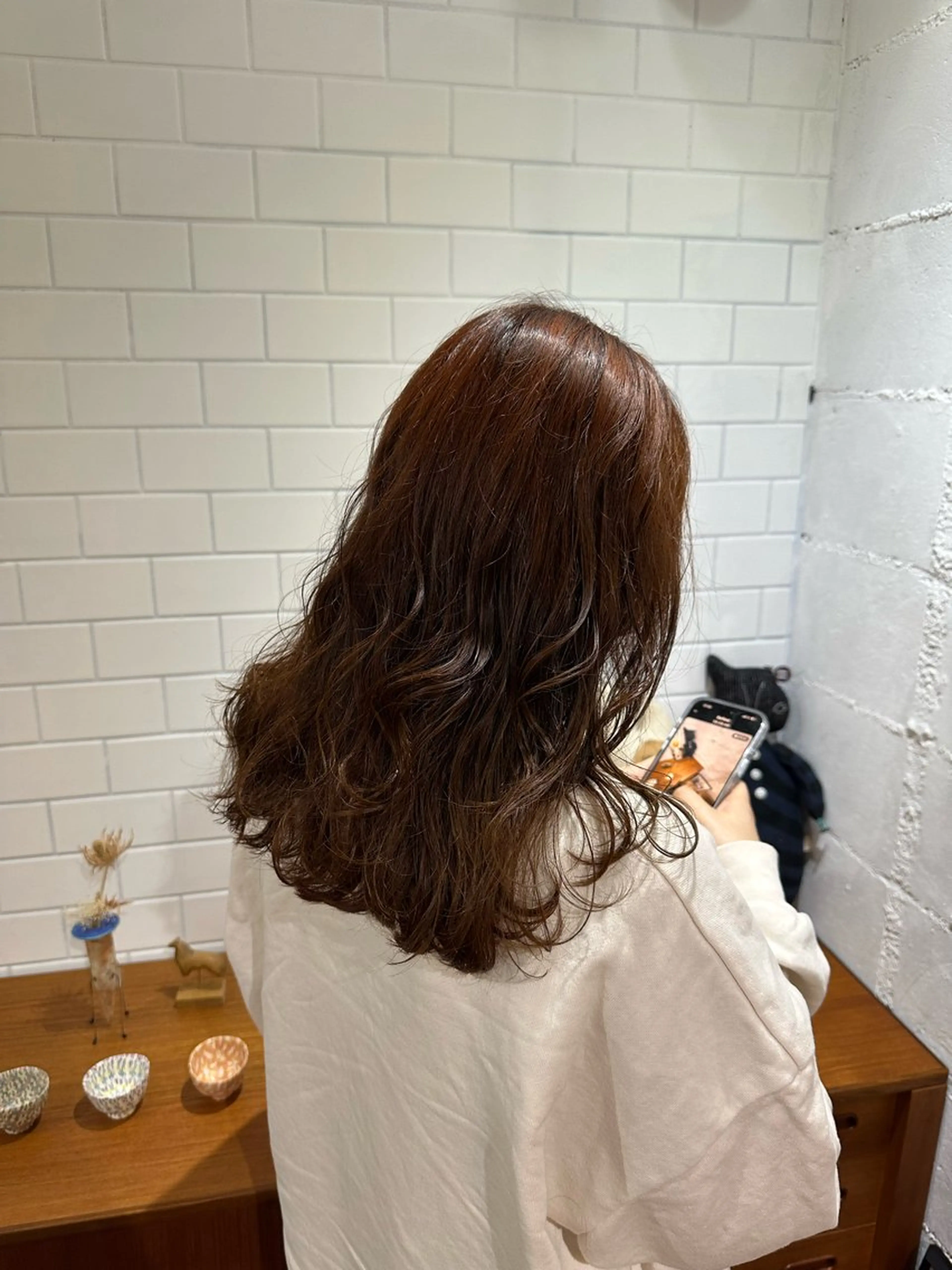 セミロング カラー パーマ セミロングパーマ ブラウンカラー オレンジ R’IDEAL所属・可児 佑梨のヘアスタイル