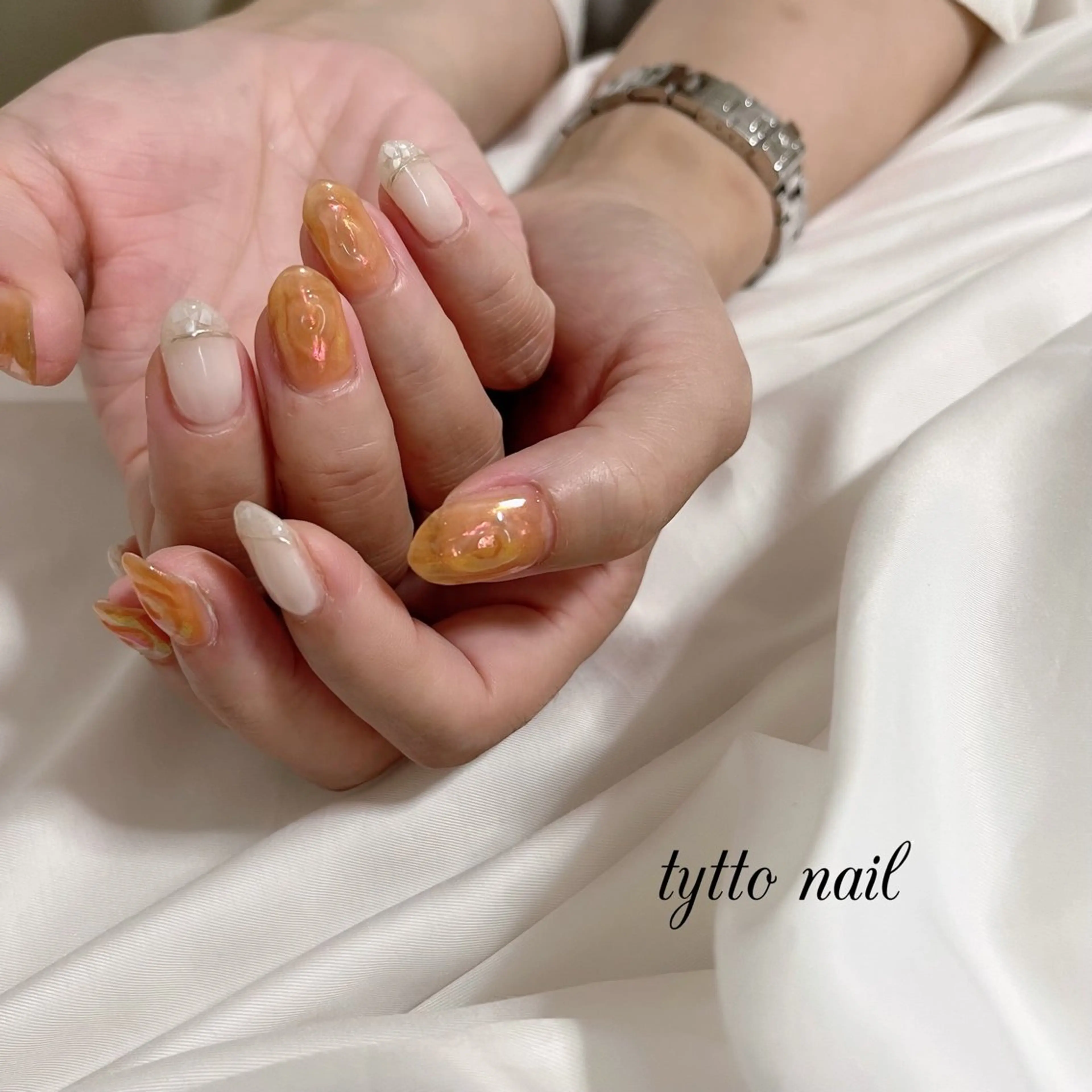 ネイル オーロラネイル オフィスネイル オレンジ ぷっくりネイル tytto nail ❤︎‪‪eri‪‪のネイルデザイン