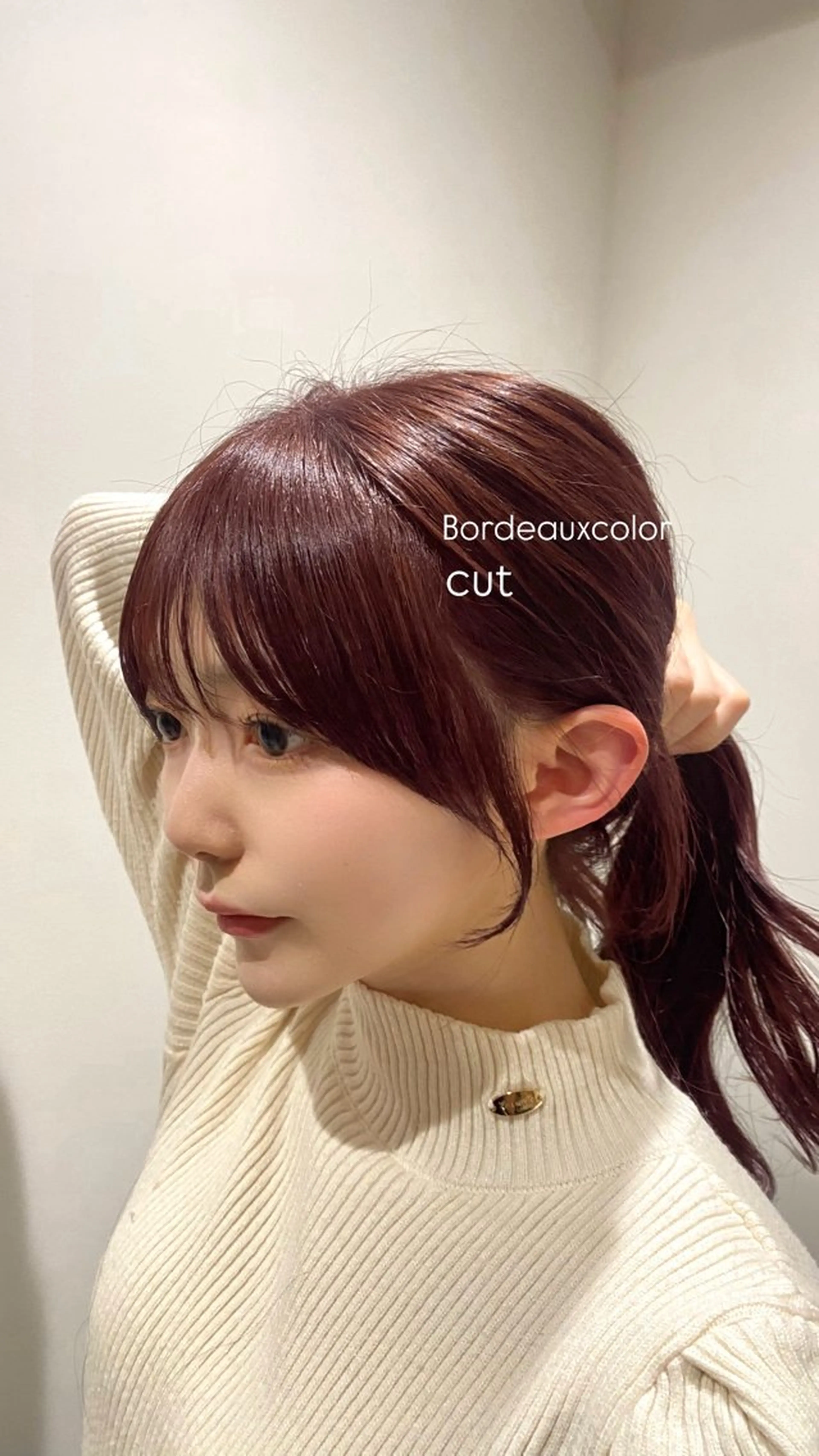 ロング カラー ヘアアレンジ ブリーチ ボルドーカラー ダブルカラー ブリーチなしカラー 顔周りカット カット ヘッドスパ 顔周り小顔レイヤー ×ブリーチなしカラーのヘアスタイル