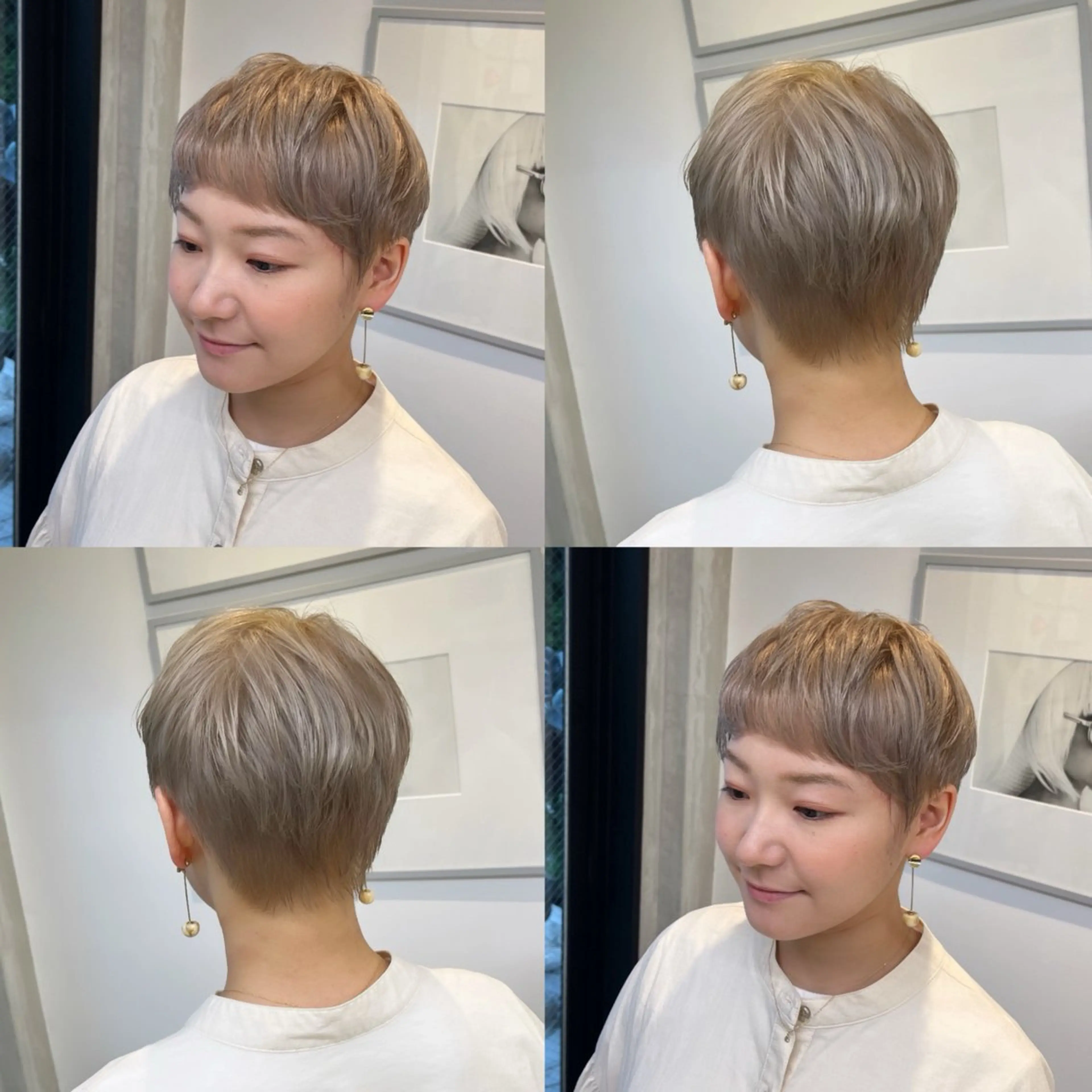 ショート カラー ベリーショート ベージュカラー ブロンド ハイトーンカラー ホワイトベージュ ヘアカラー トリートメント ヘッドスパ ヘアセット カジュアルを女っぽく 𝗮𝘆𝗮𝗰𝗼のヘアスタイル