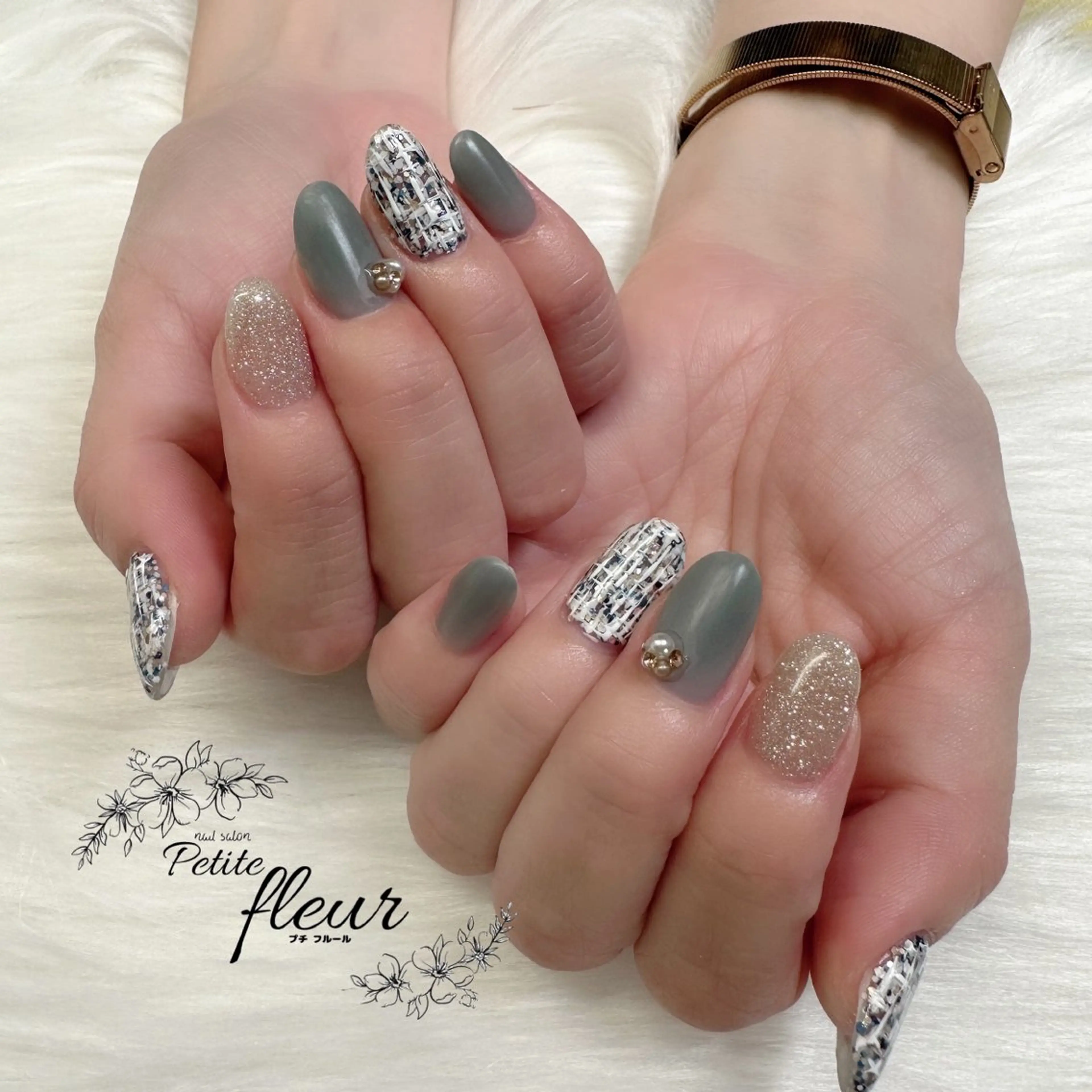 ネイル ツイードネイル ハンドネイル ❁⃘*。Petite fleur❁⃘*りさのネイルデザイン