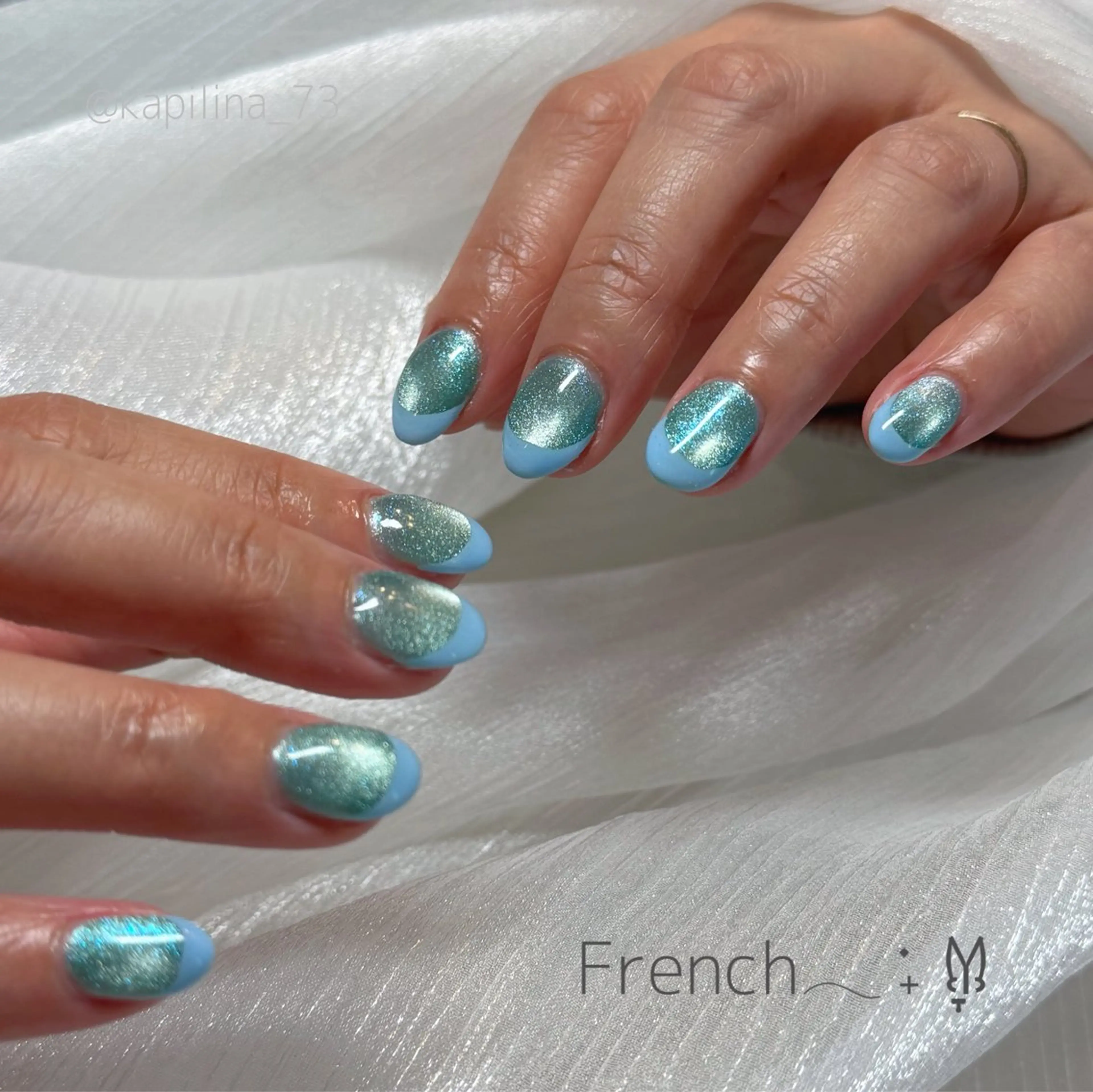 ネイル ブルー フレンチネイル ハンドネイル Nailsalon Ka pilina所属・Kapilina🌺 MOMOのネイルデザイン