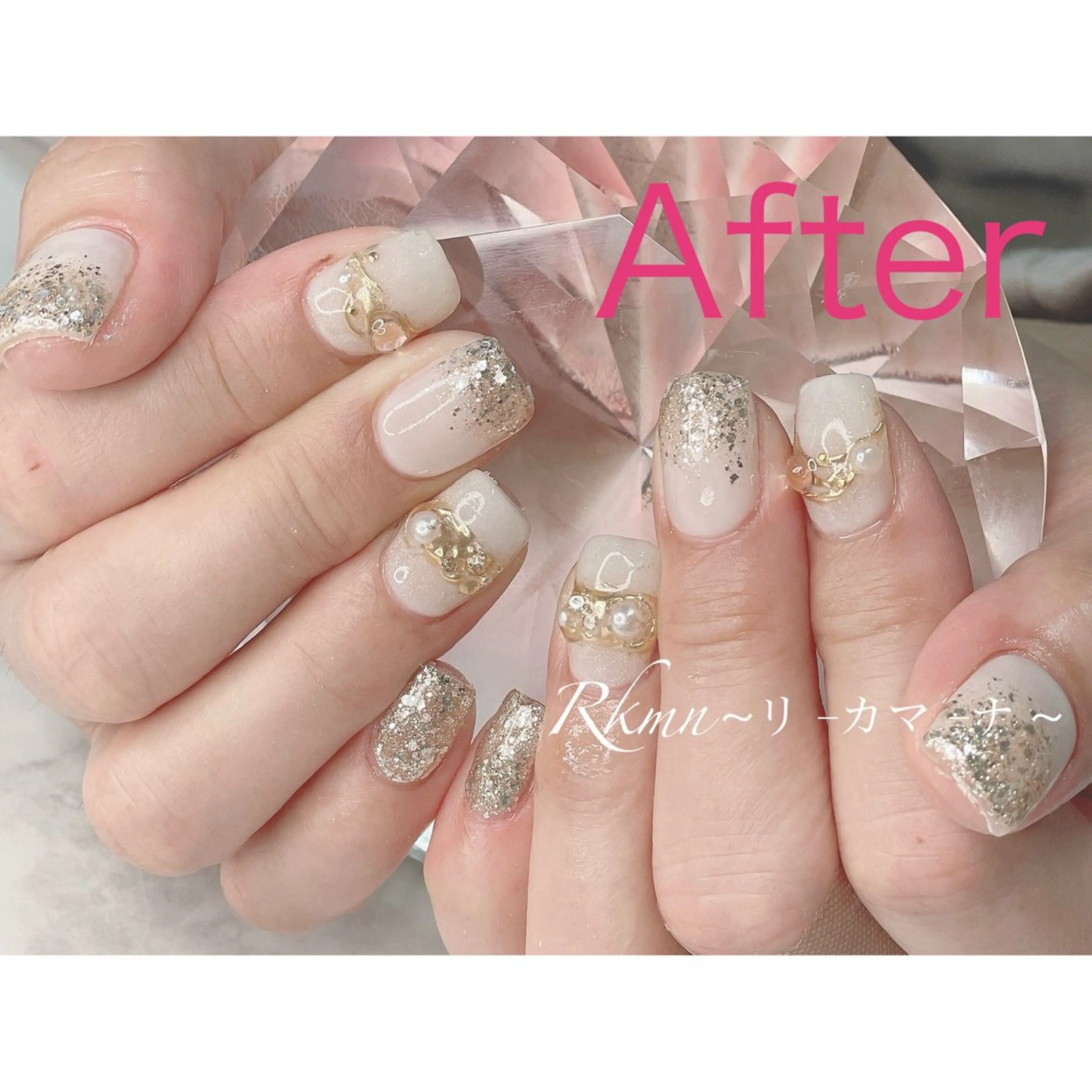 ネイル アートネイル ラメ(グリッター) ミラーネイル 春ネイル ホワイト ハンドネイル フットネイル ハンドケア Rkmn ~リ-カマ-ナ~のネイルデザイン