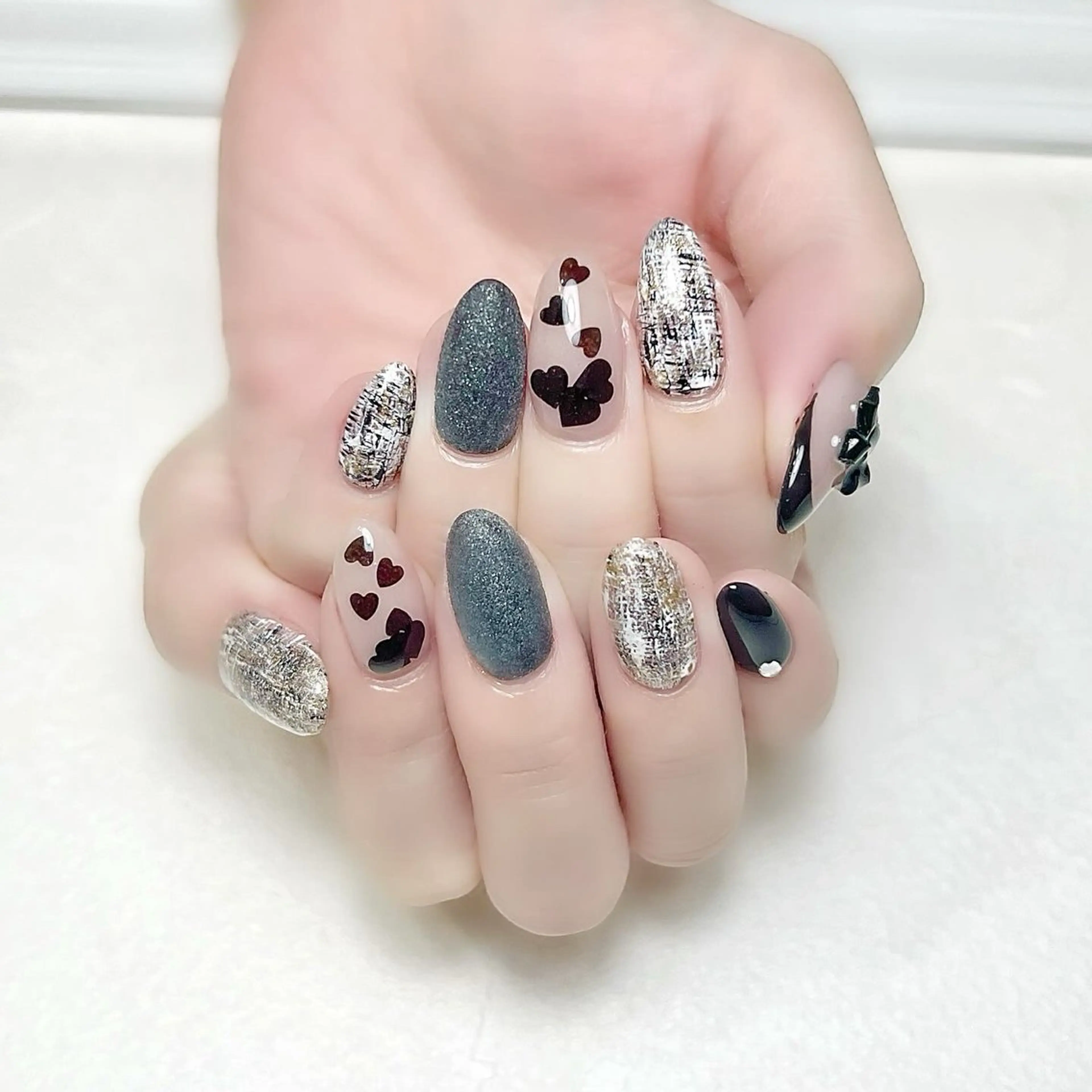 ネイル ガーリー ハート ツイードネイル rouse nail RISATOのネイルデザイン