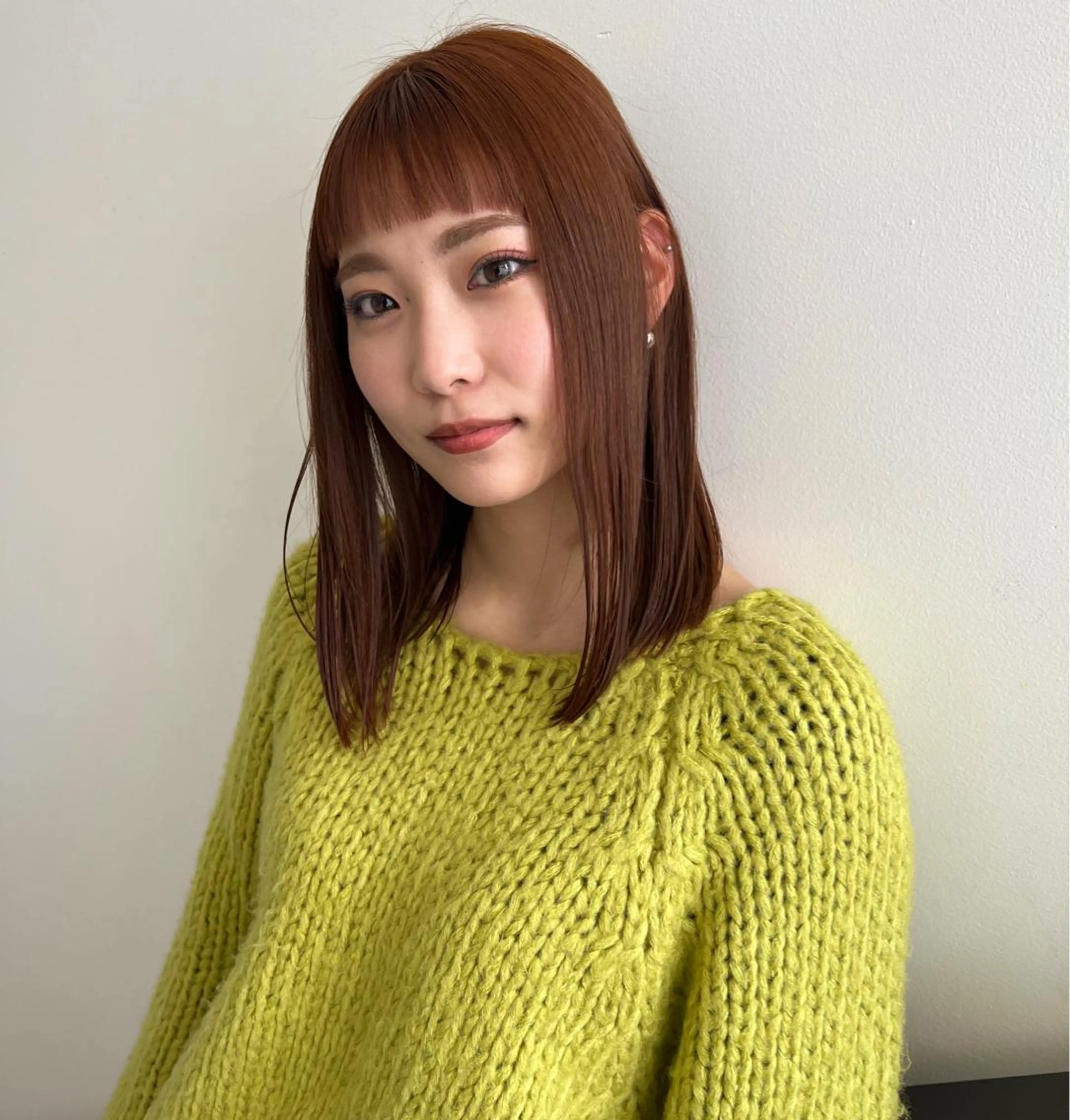 ミディアム カラー ブラウンカラー オレンジ オレンジブラウン オン眉 顔周りカット/透明感 カラー✂️MEIのヘアスタイル