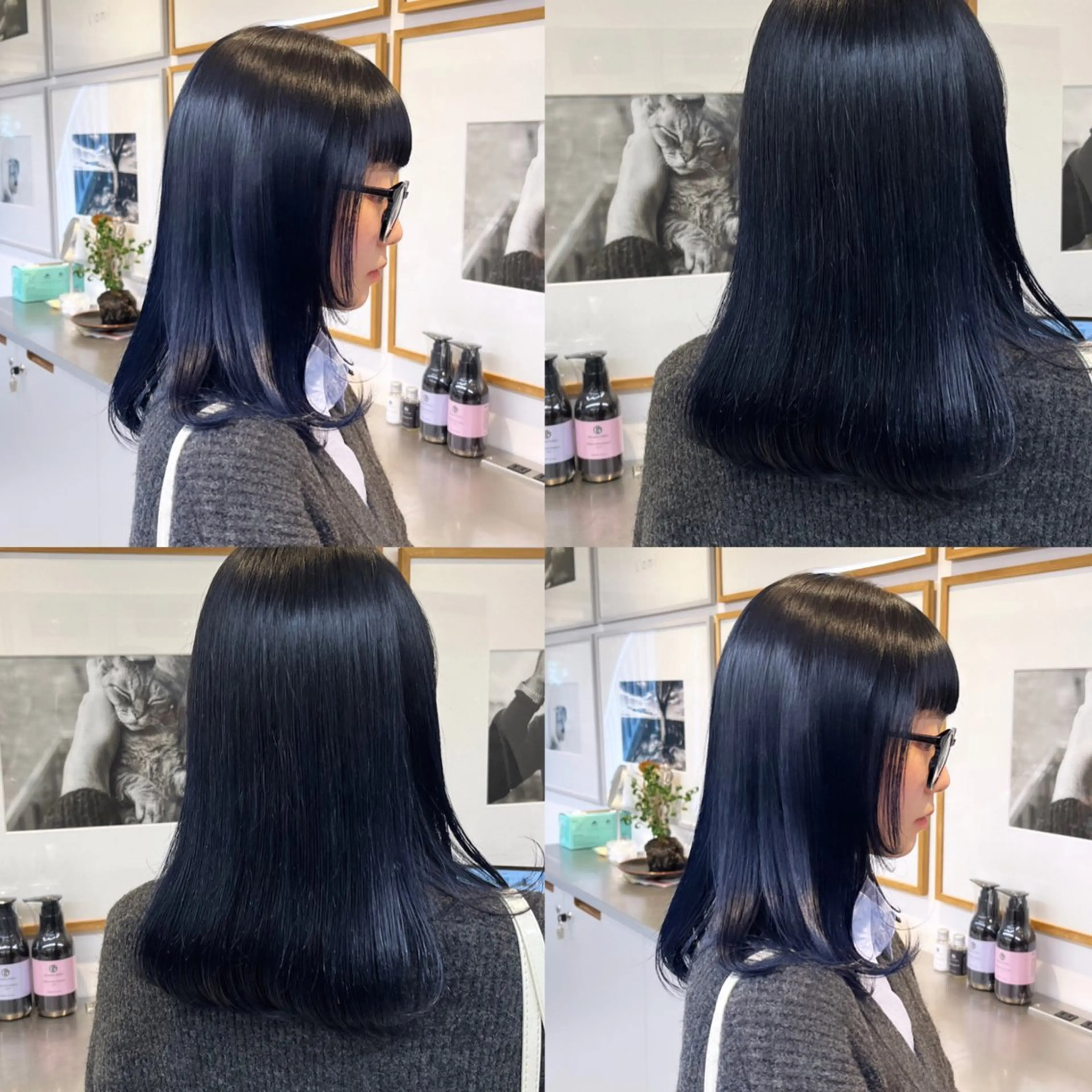 ミディアム カラー 黒髪 ブルーカラー ブルーブラック ブルージュ 韓国風カラー カット ヘアカラー トリートメント ヘッドスパ ヘアセット カジュアルを女っぽく 𝗮𝘆𝗮𝗰𝗼のヘアスタイル