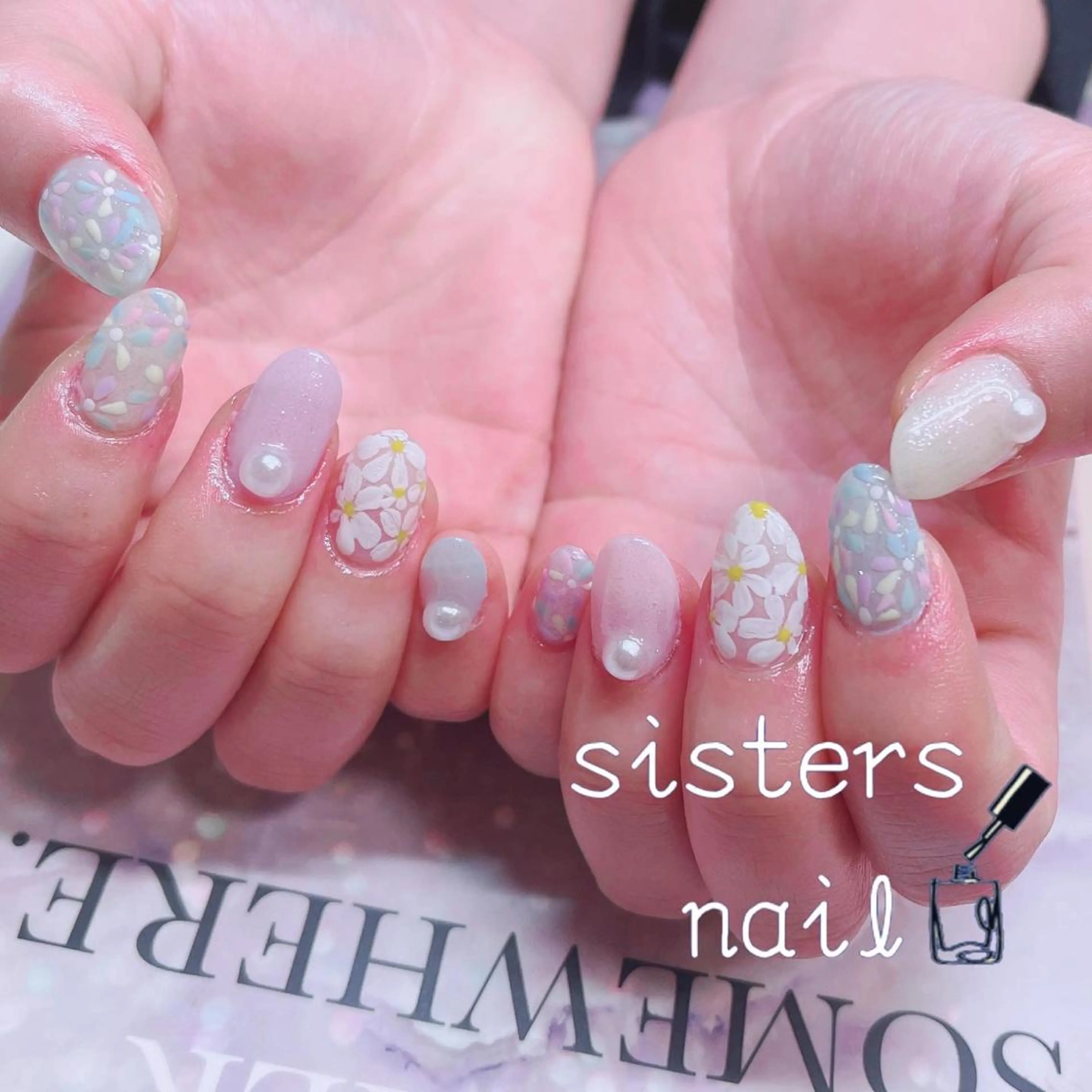 ネイル アートネイル イースター フラワーネイル キラキラネイル パステルネイル ハンドネイル ハンドケア sisters nail.fのネイルデザイン