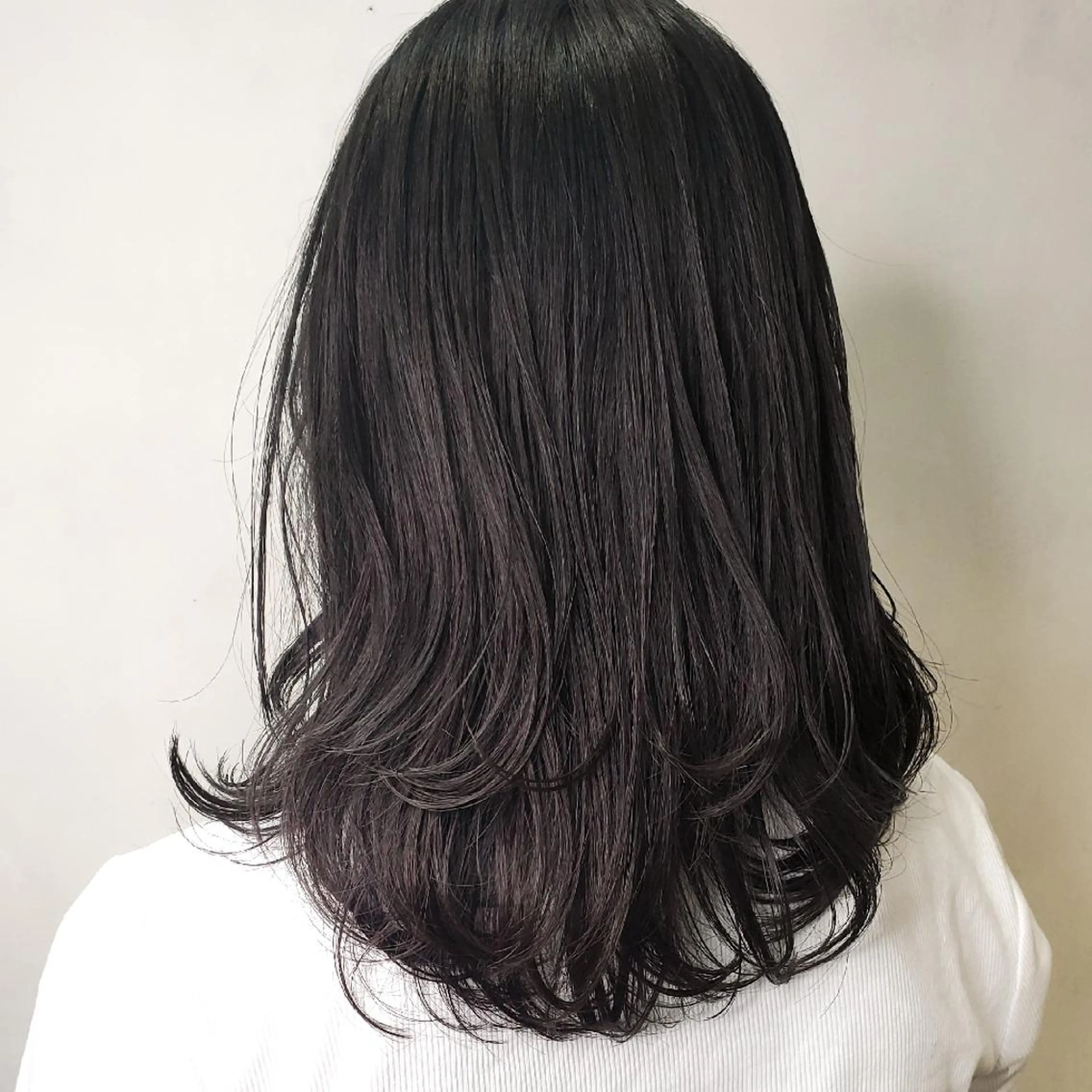 ミディアム カラー 黒髪 ブルーカラー ブルーブラック 透明感カラー 顔周りカット 韓国レイヤー　 suzuのヘアスタイル