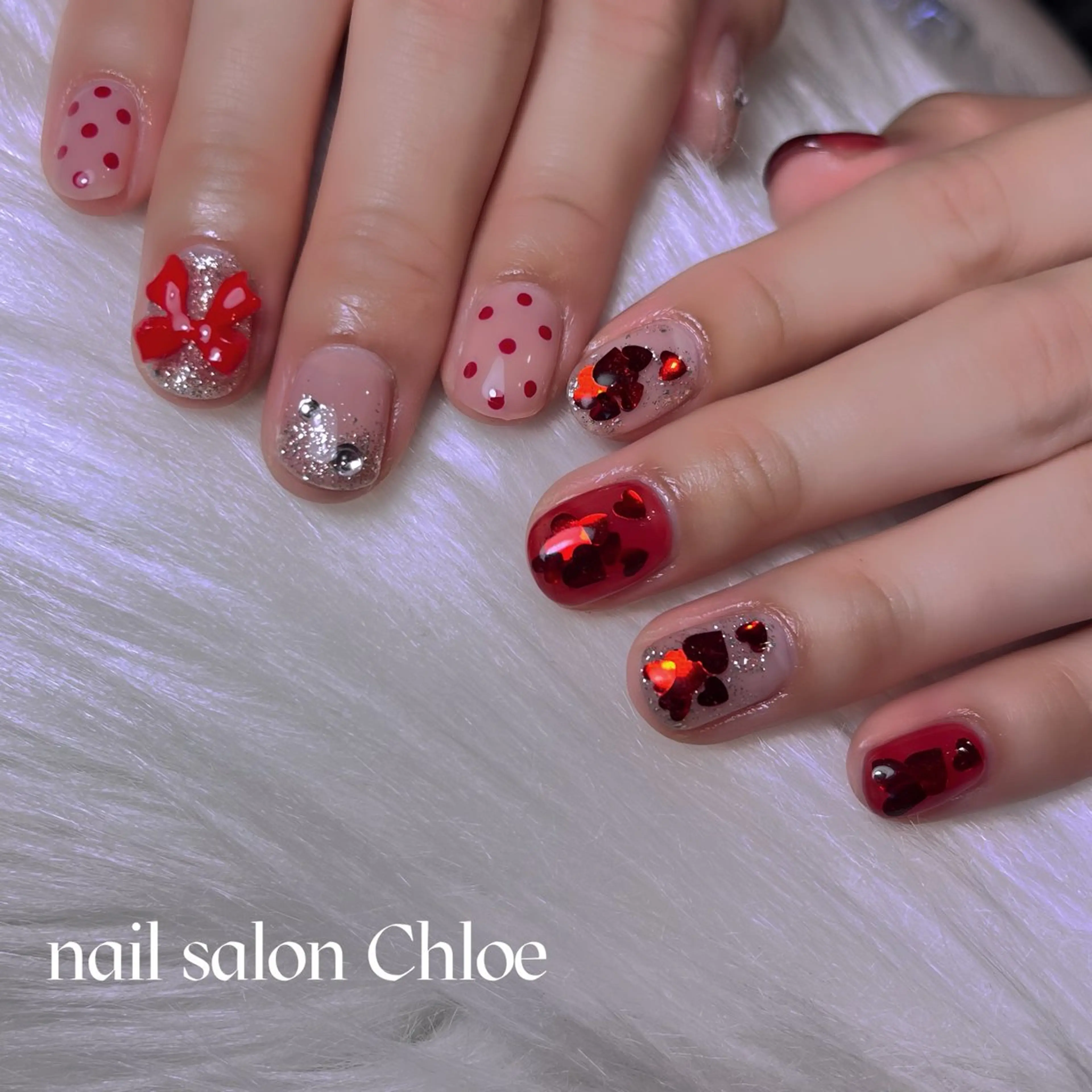 ネイル ドット ハート 赤色 リボン ハンドネイル 鈴木 利奈のネイルデザイン