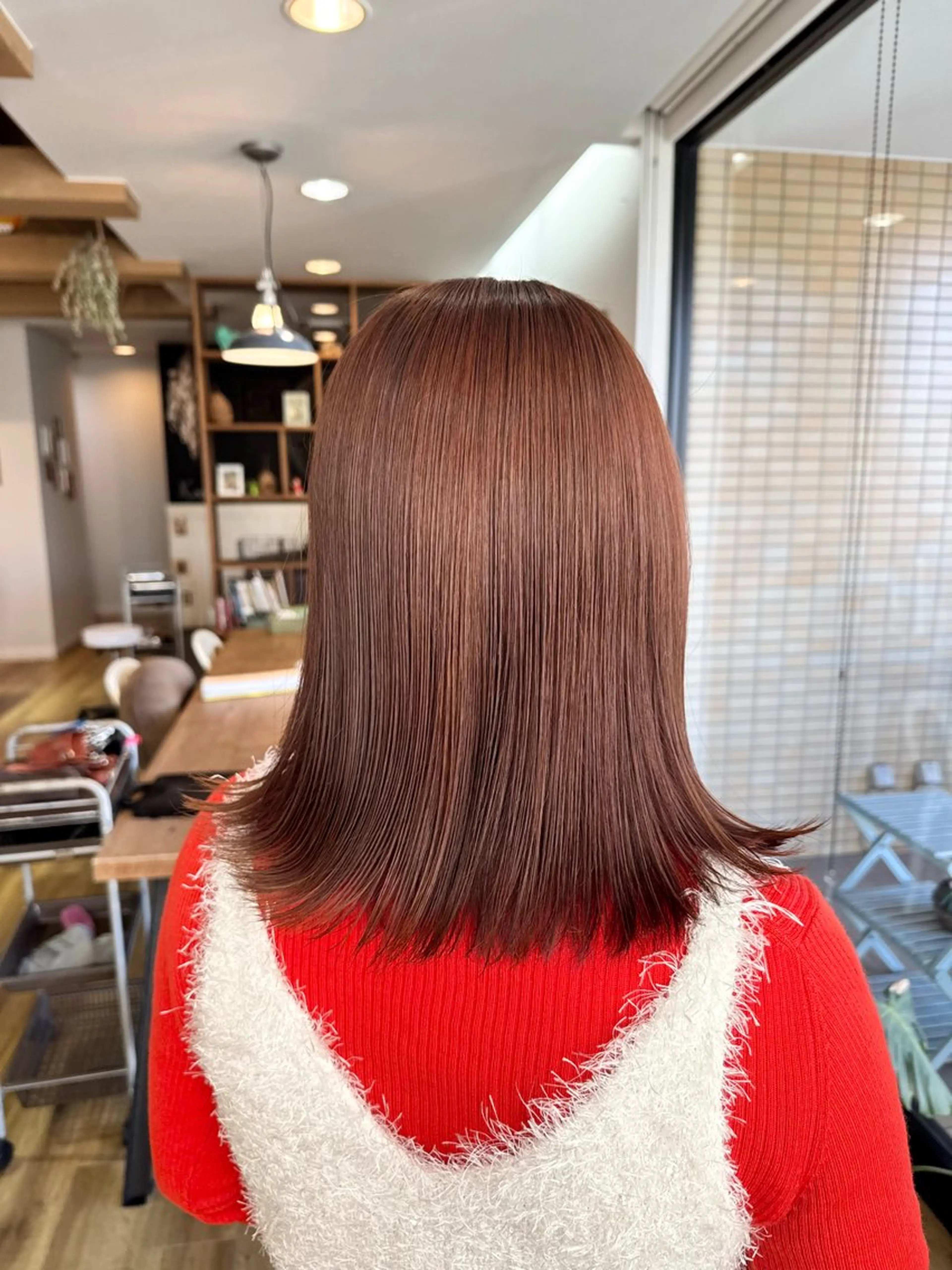 セミロング カラー オレンジ ピンクカラー カット ヘアカラー トリートメント ツキダテ ユイのヘアスタイル