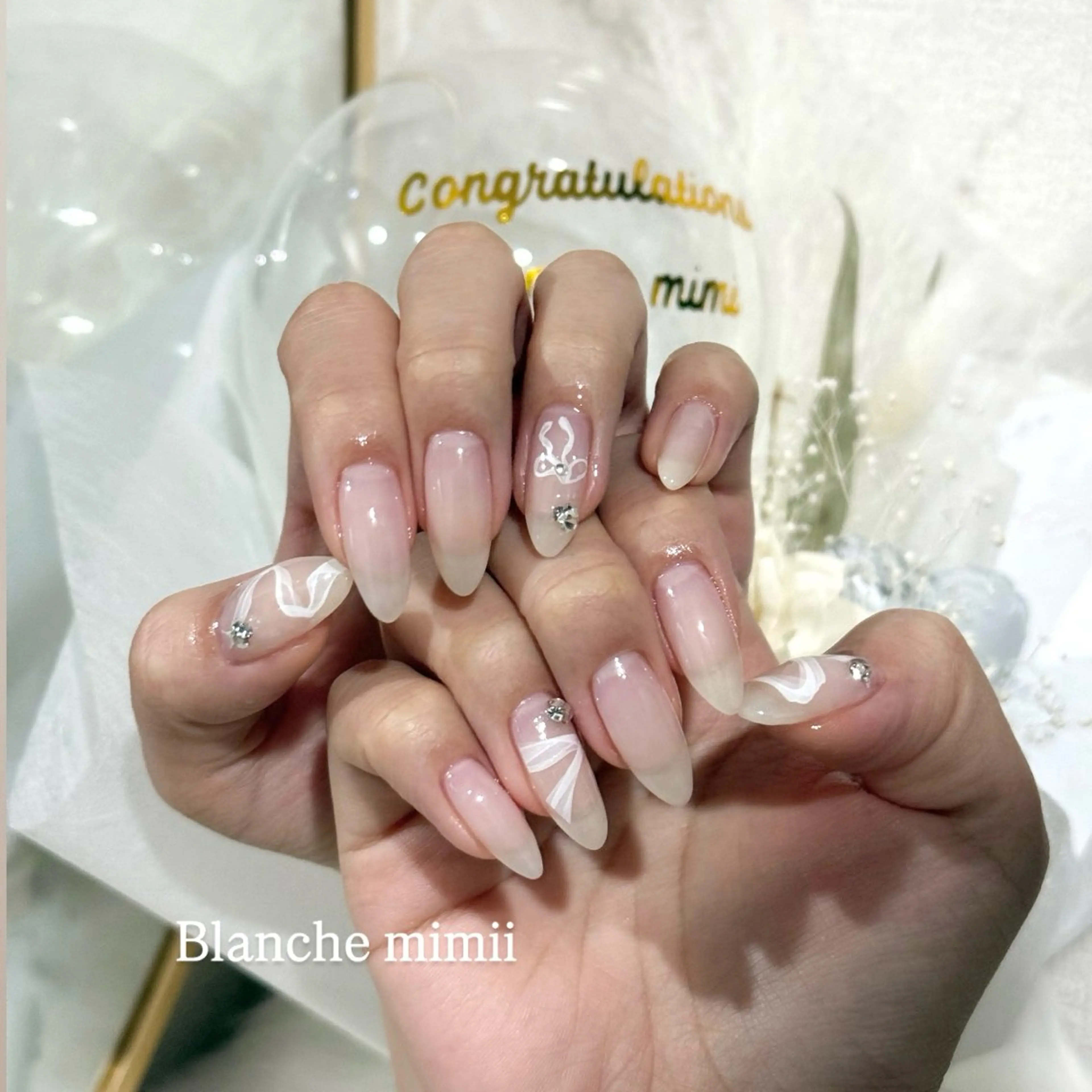 ネイル ガーリー ハート 韓国ネイル リボン ワンホンネイル ハンドネイル Blanche　mimii所属・Blanche Ayaのネイルデザイン