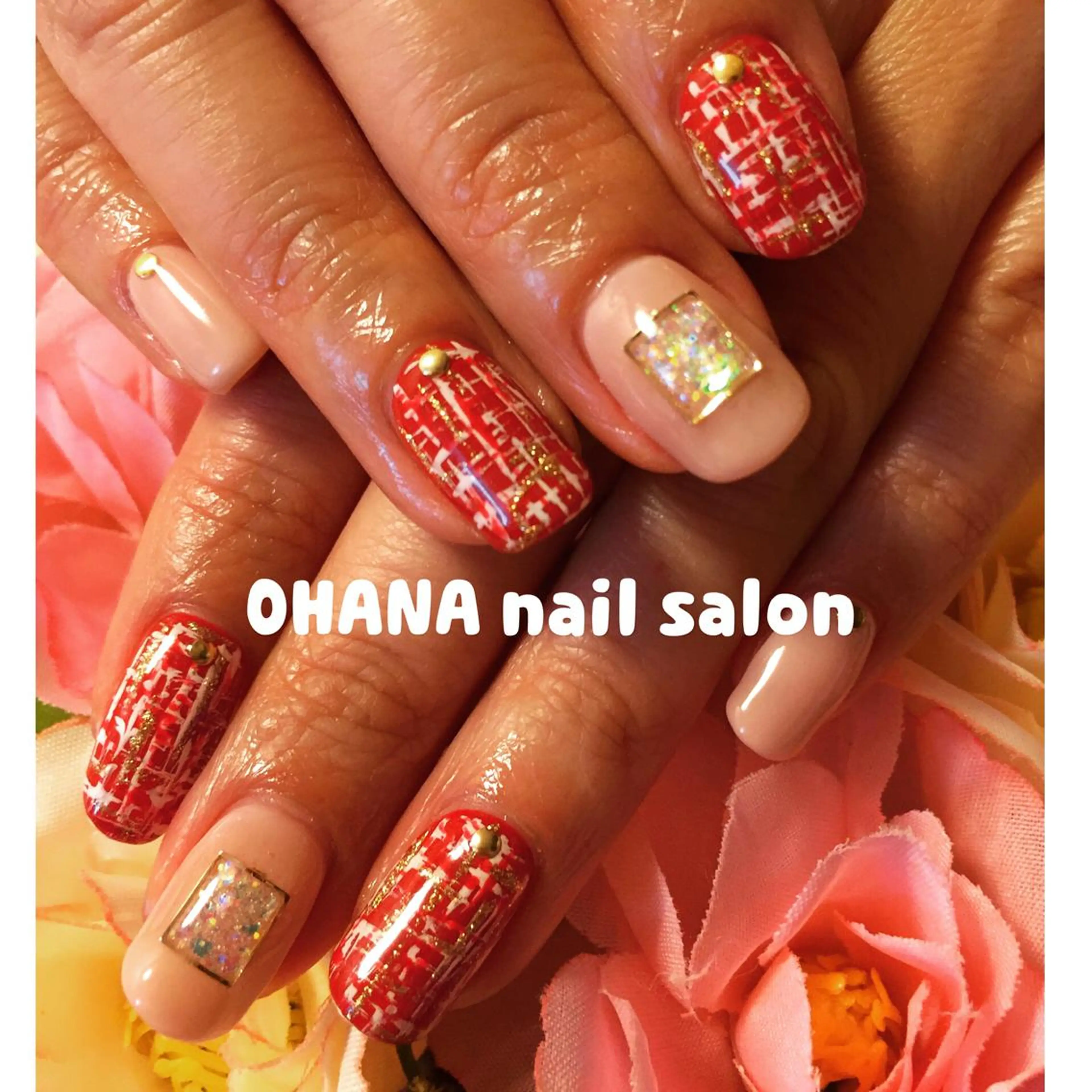 ネイル ジェルネイル 赤色 ツイードネイル 那覇🏝️台湾人 ネイリストSHIUのネイルデザイン