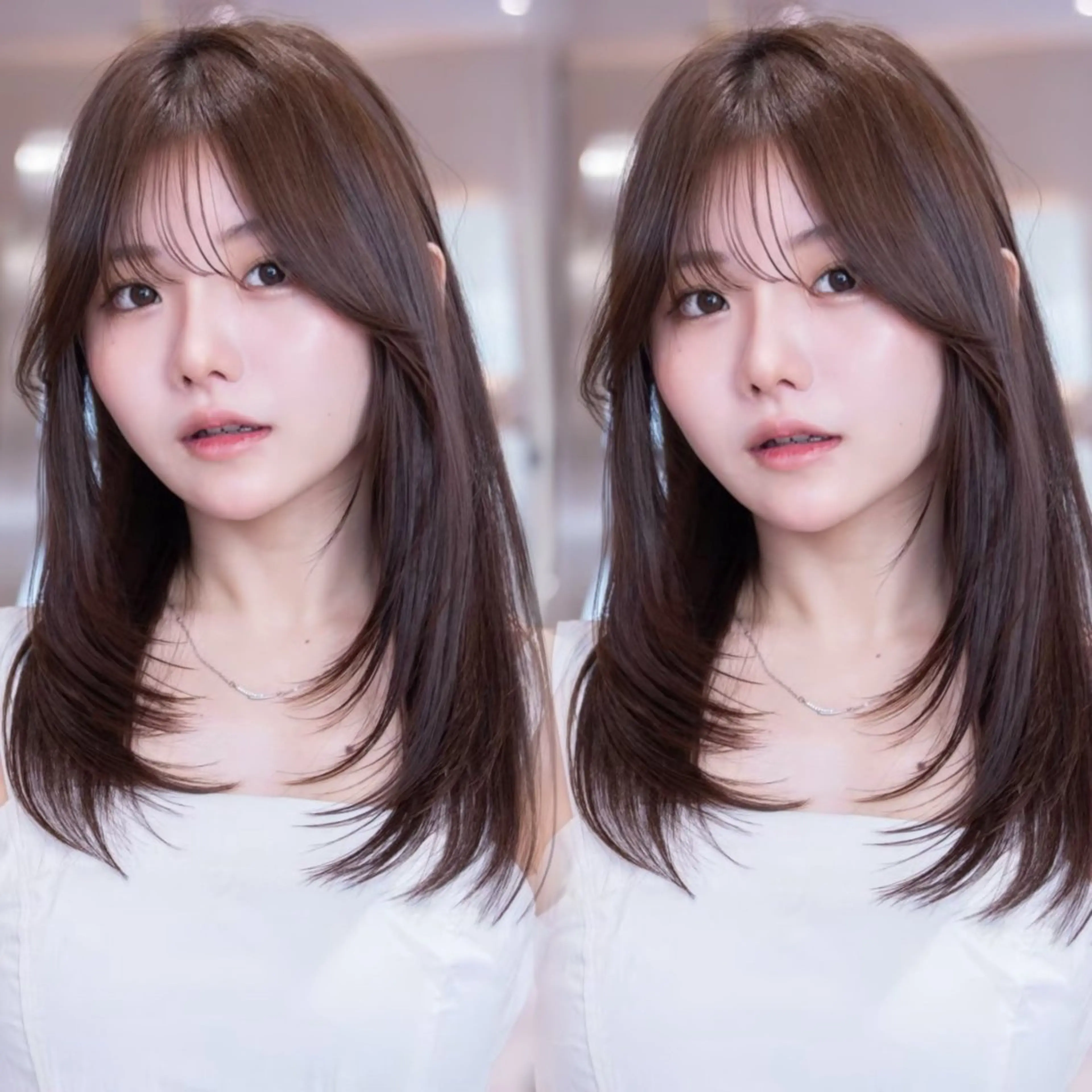 セミロング カラー ボブ 顔まわりレイヤー 伸ばしかけ 韓国風ヘア レイヤーカット 渋谷/ハッシュボブ・ タッセルボブしょうごのヘアスタイル