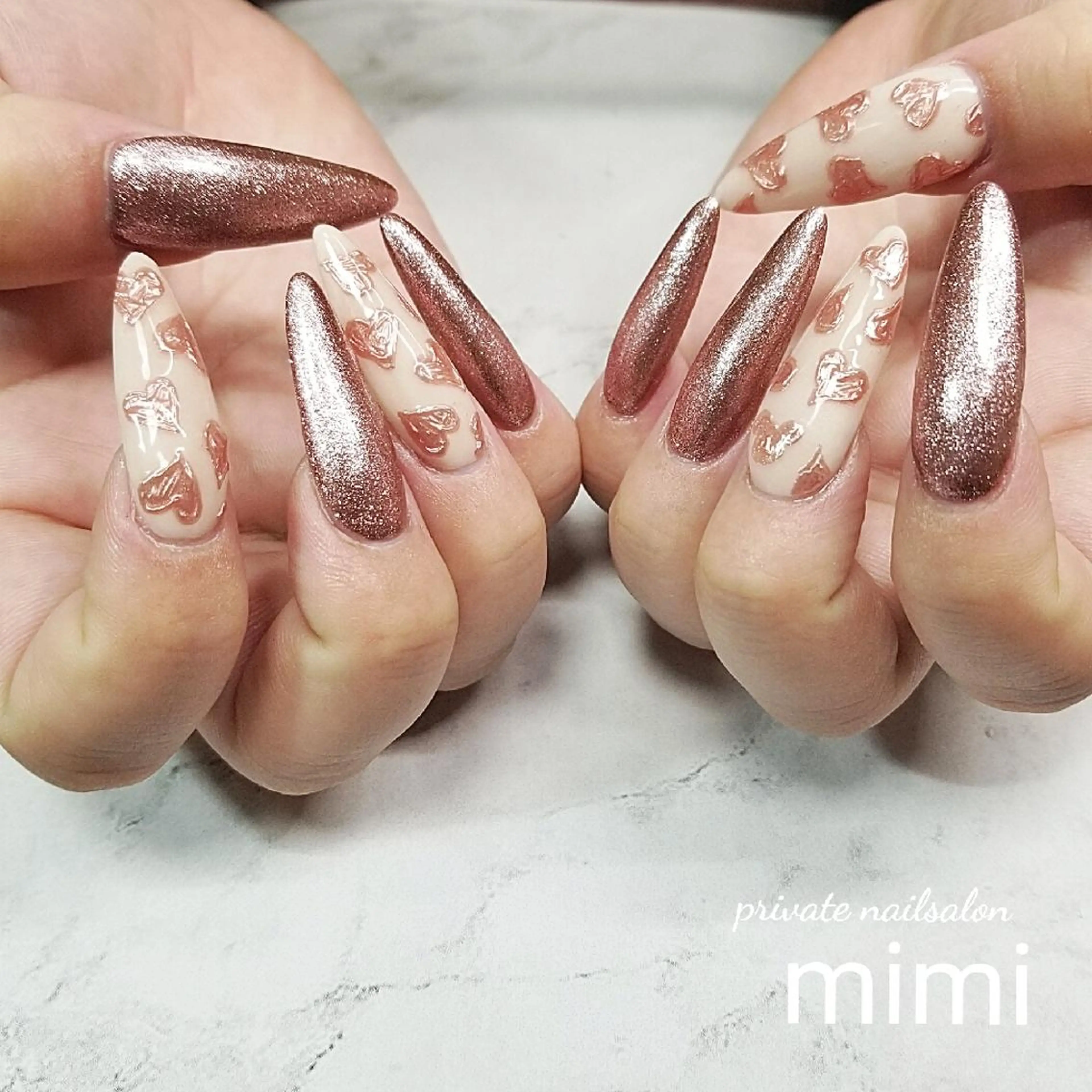 ネイル ハート ミラーネイル ピンク ハンドネイル 博多ネイル ｍｉｍｉのネイルデザイン