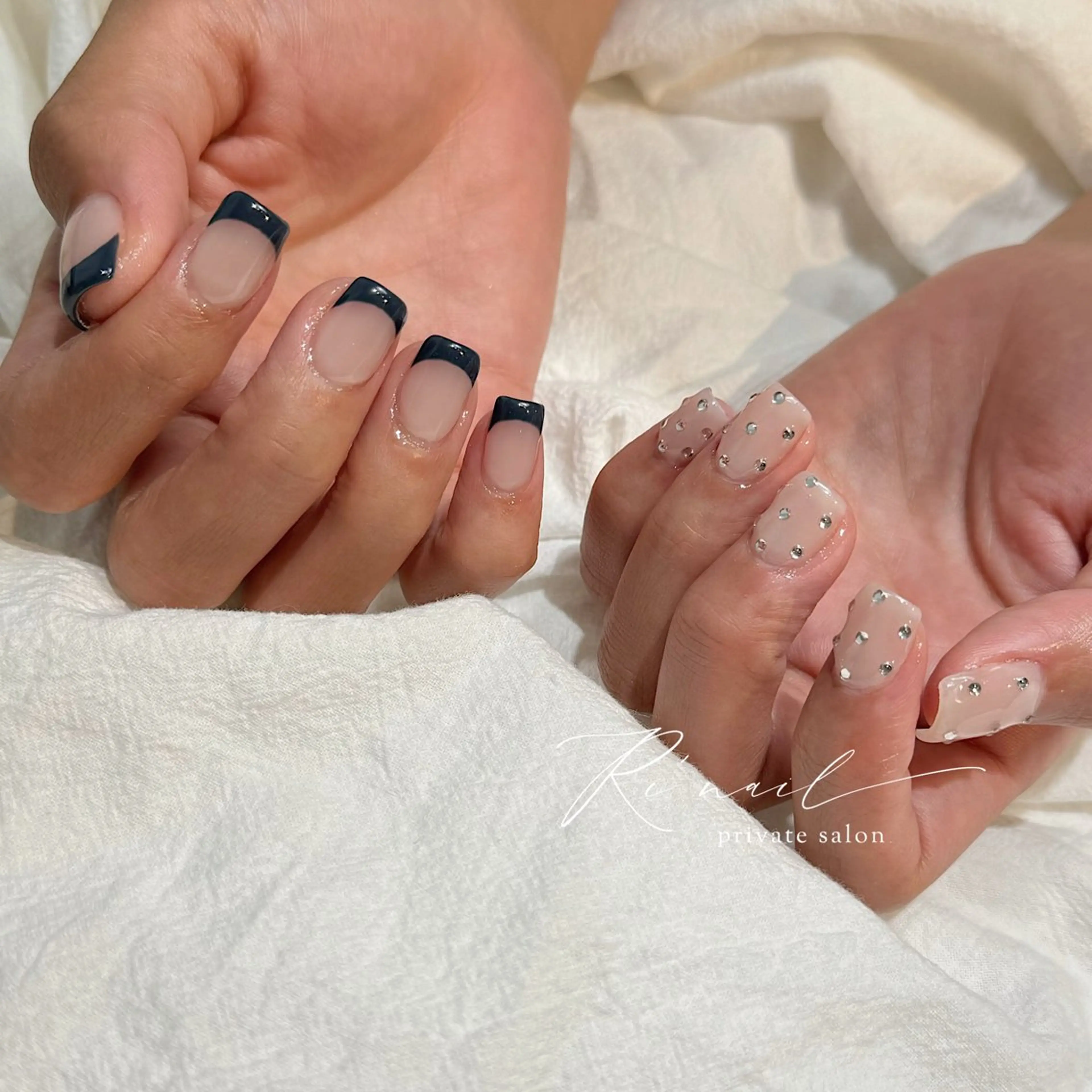 ネイル フレンチネイル ネイビー ショートネイル ストーンネイル 夏ネイル ISHIWATA LINAのネイルデザイン