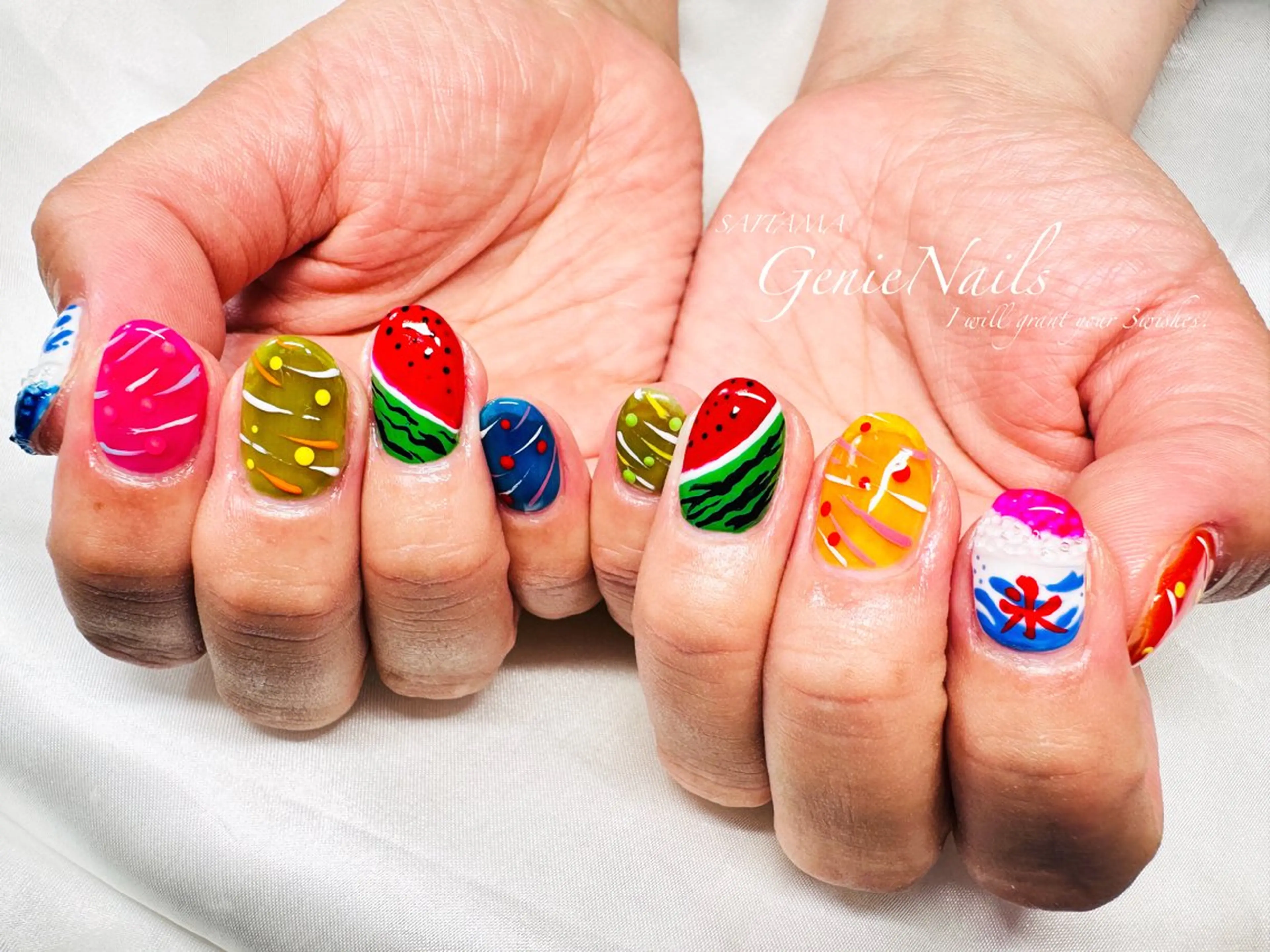 メンズ ネイル アートネイル 長さ出し 氷ネイル・うるうるネイル ロングネイル 持ち込み Genie Nailsのネイルデザイン