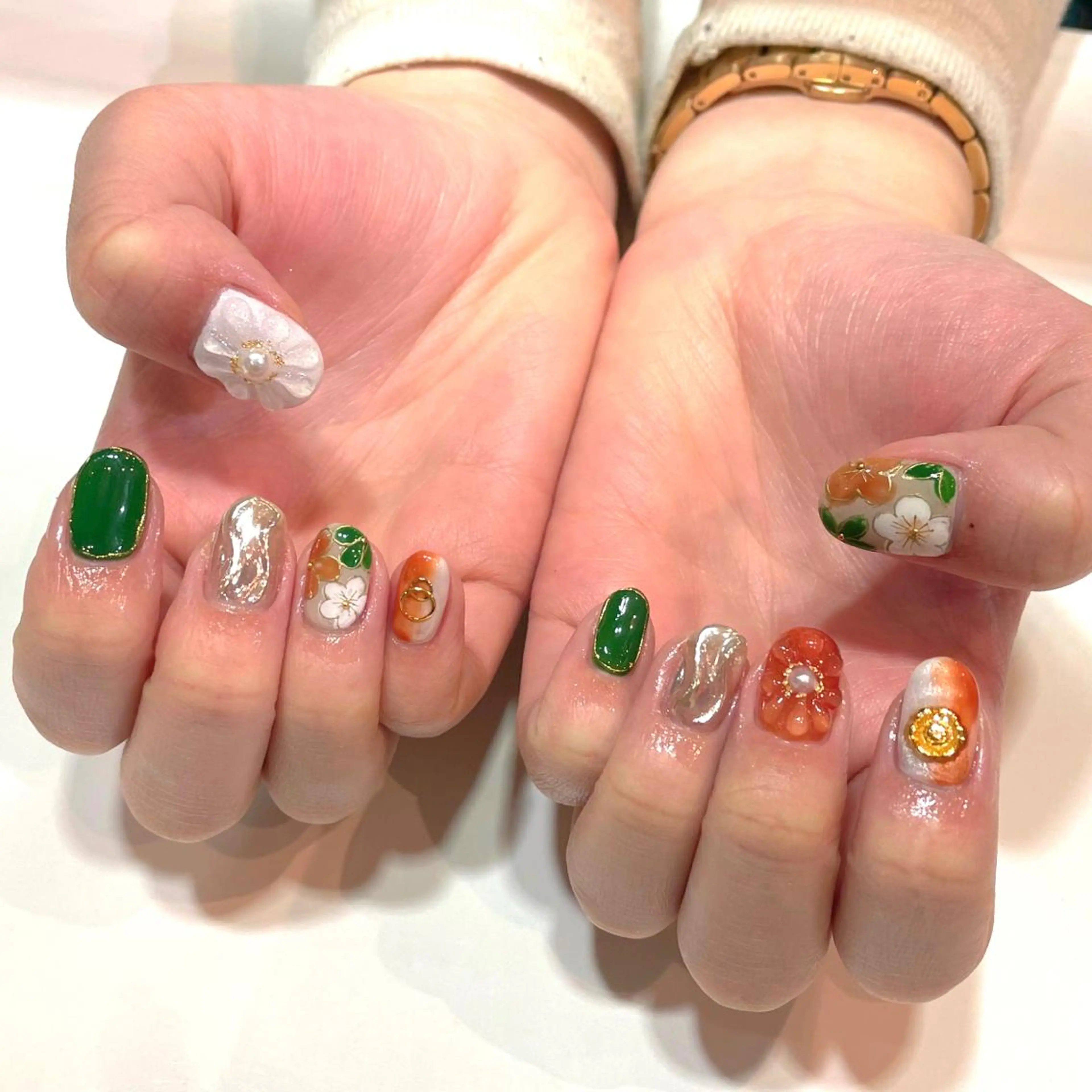 ネイル 成人式 グリーン オレンジ MADDY NAILS所属・MADDYNAILS ✴︎柏痛ネイルのネイルデザイン