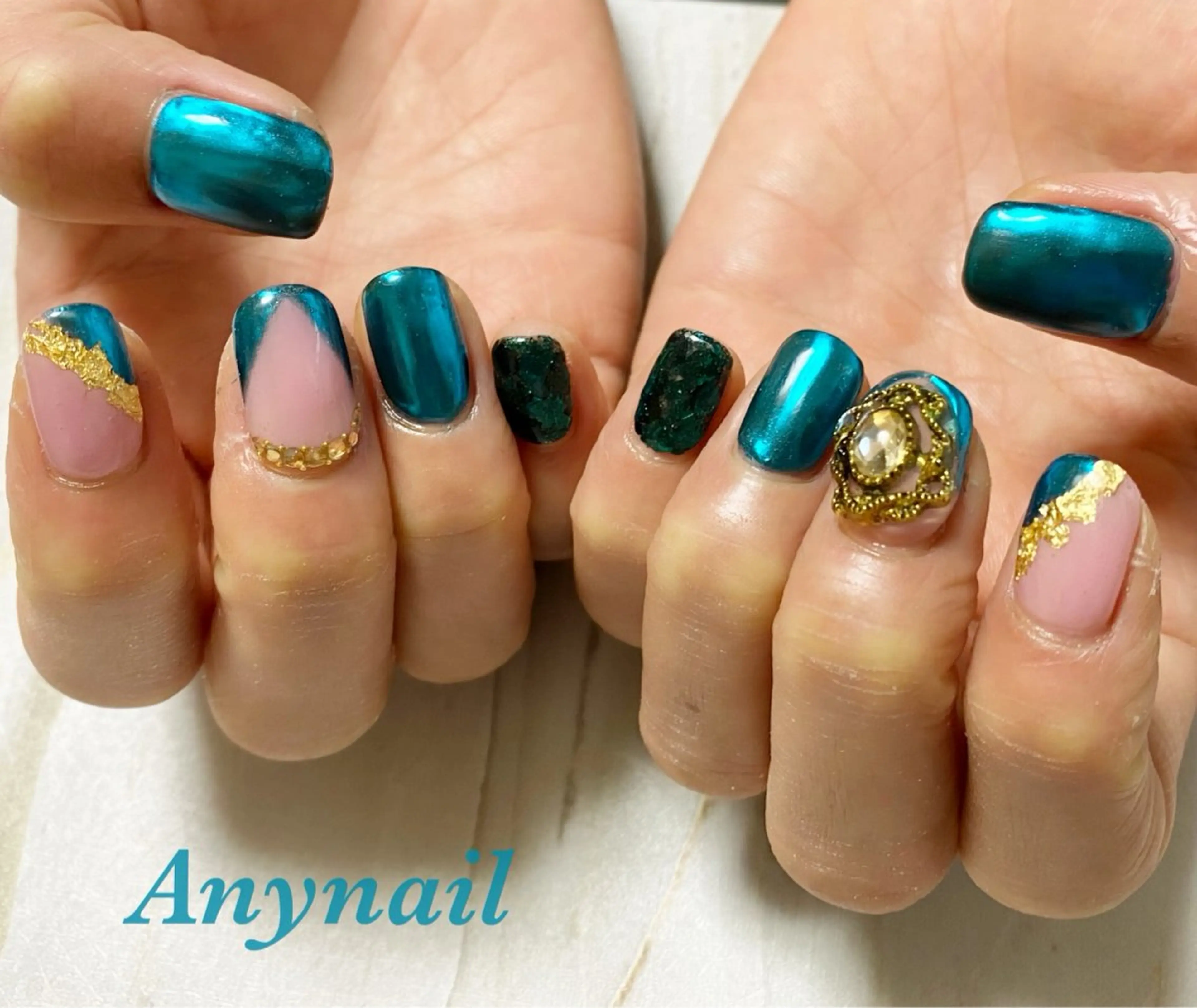 ネイル アートネイル ブルー フレンチネイル ミラーネイル 持ち込み 岩澤 恵子のネイルデザイン