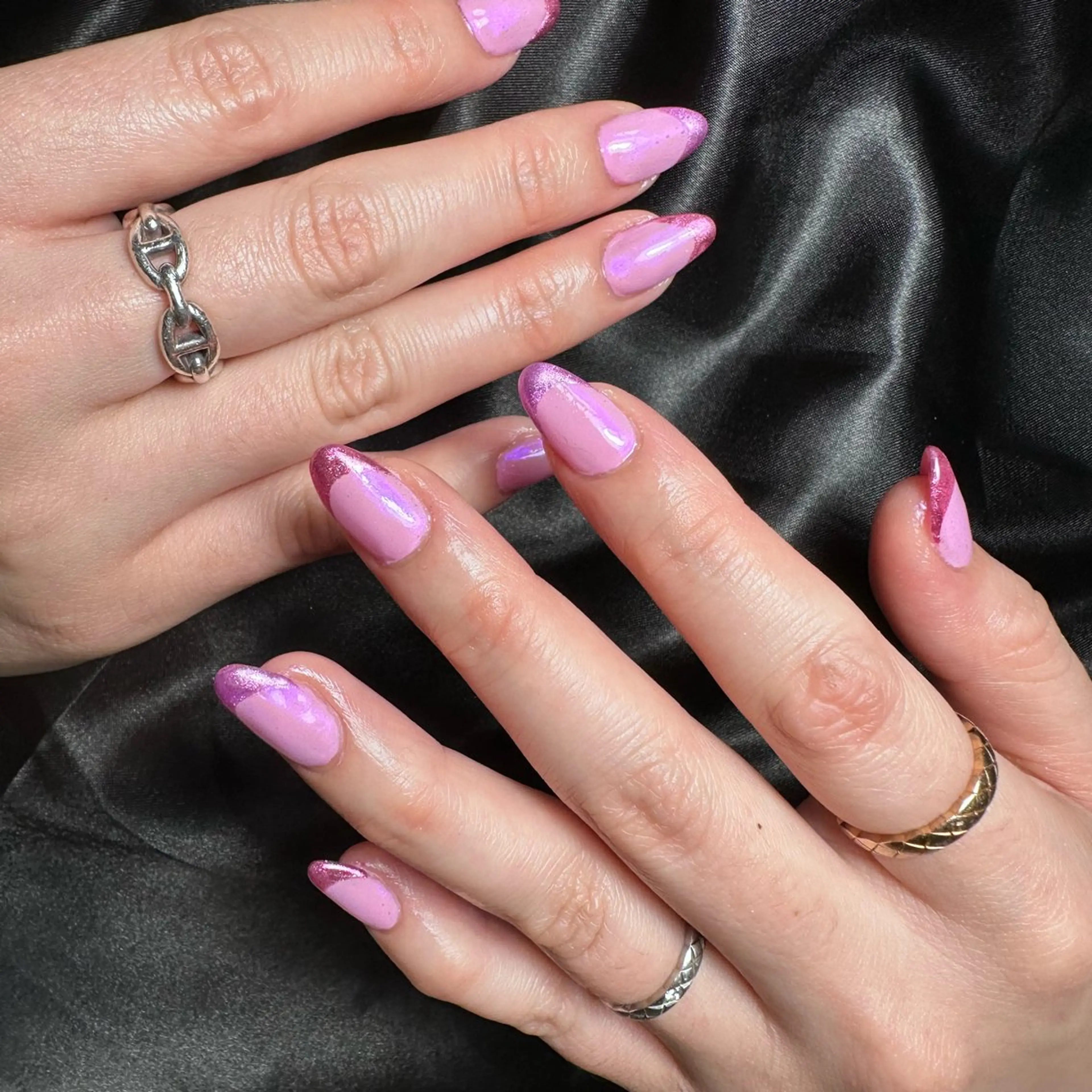 ネイル オーロラネイル フレンチネイル ミラーネイル ピンク パープル nail salon 凪のネイルデザイン