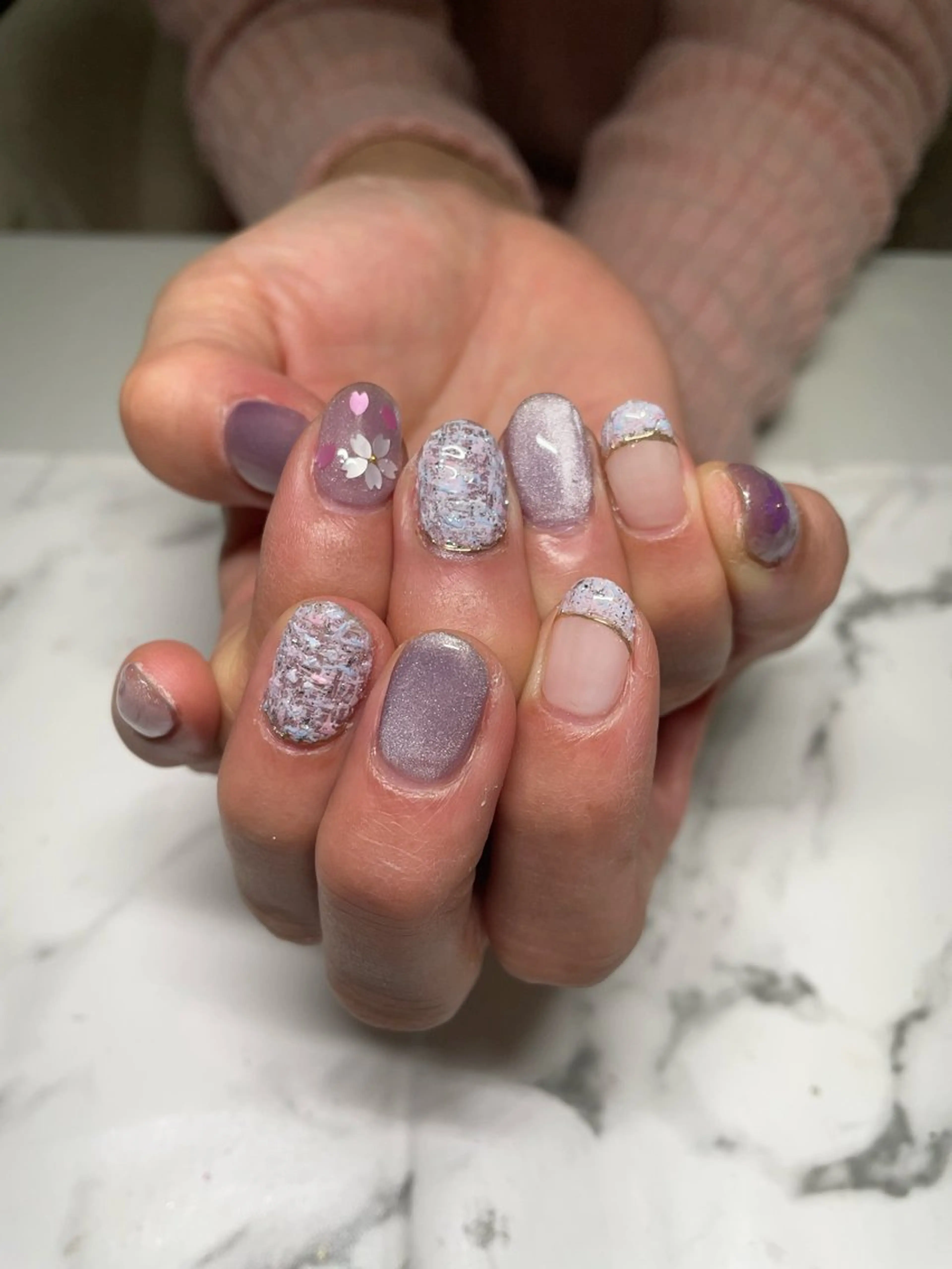 ネイル パープル ツイードネイル Mi-roomネイル 耳ツボジュエリーのネイルデザイン