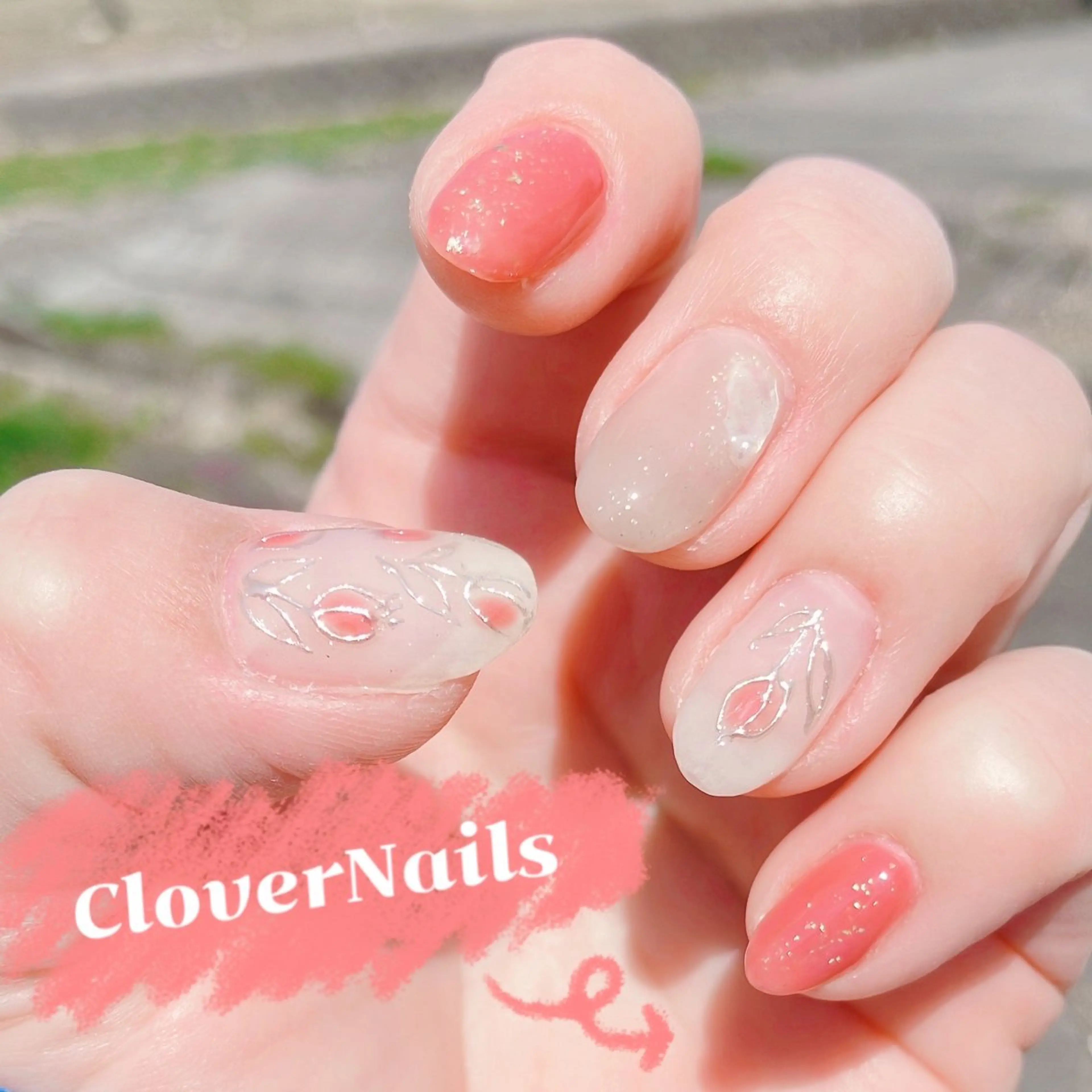 ネイル アートネイル ピンク シルバー 春ネイル ホワイト ハンドネイル 自宅ネイルサロン クロバーネイルのネイルデザイン